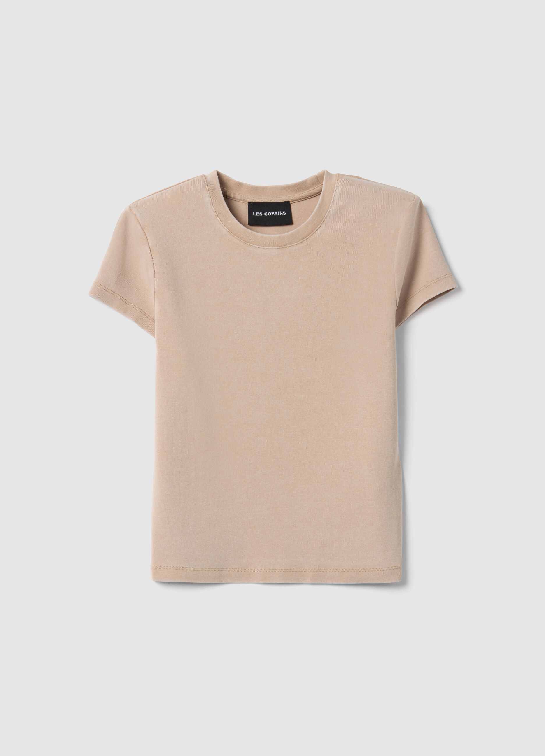 Beige stretch cotton fitted t-shirt