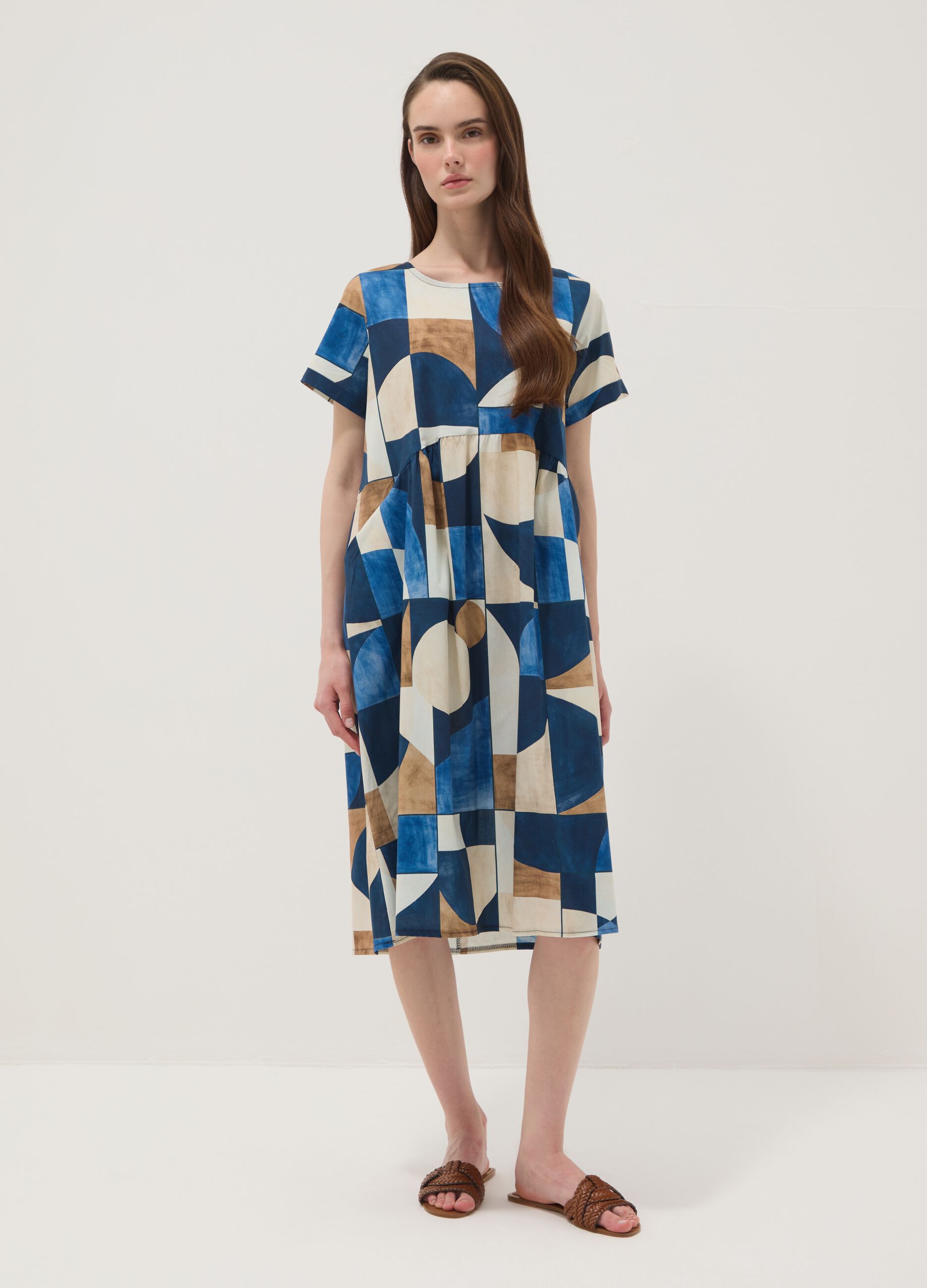 Multicolour stretch cotton midi dress with geometric print