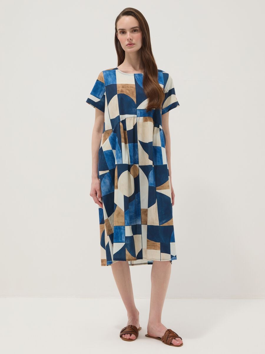 Abito midi multicolor in cotone elasticizzato con stampa geometrica_2