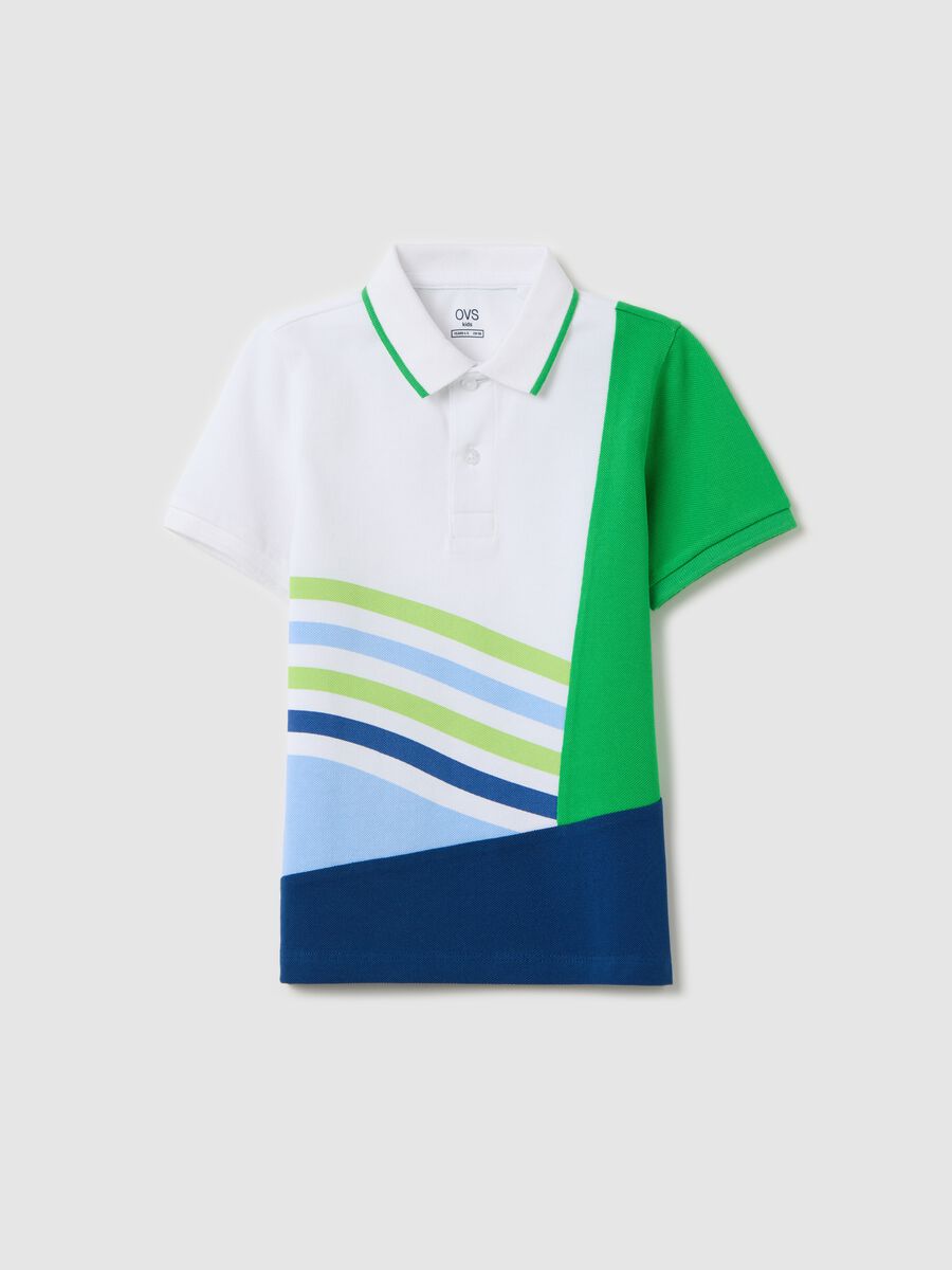 White piquet polo shirt with colourblock print_0
