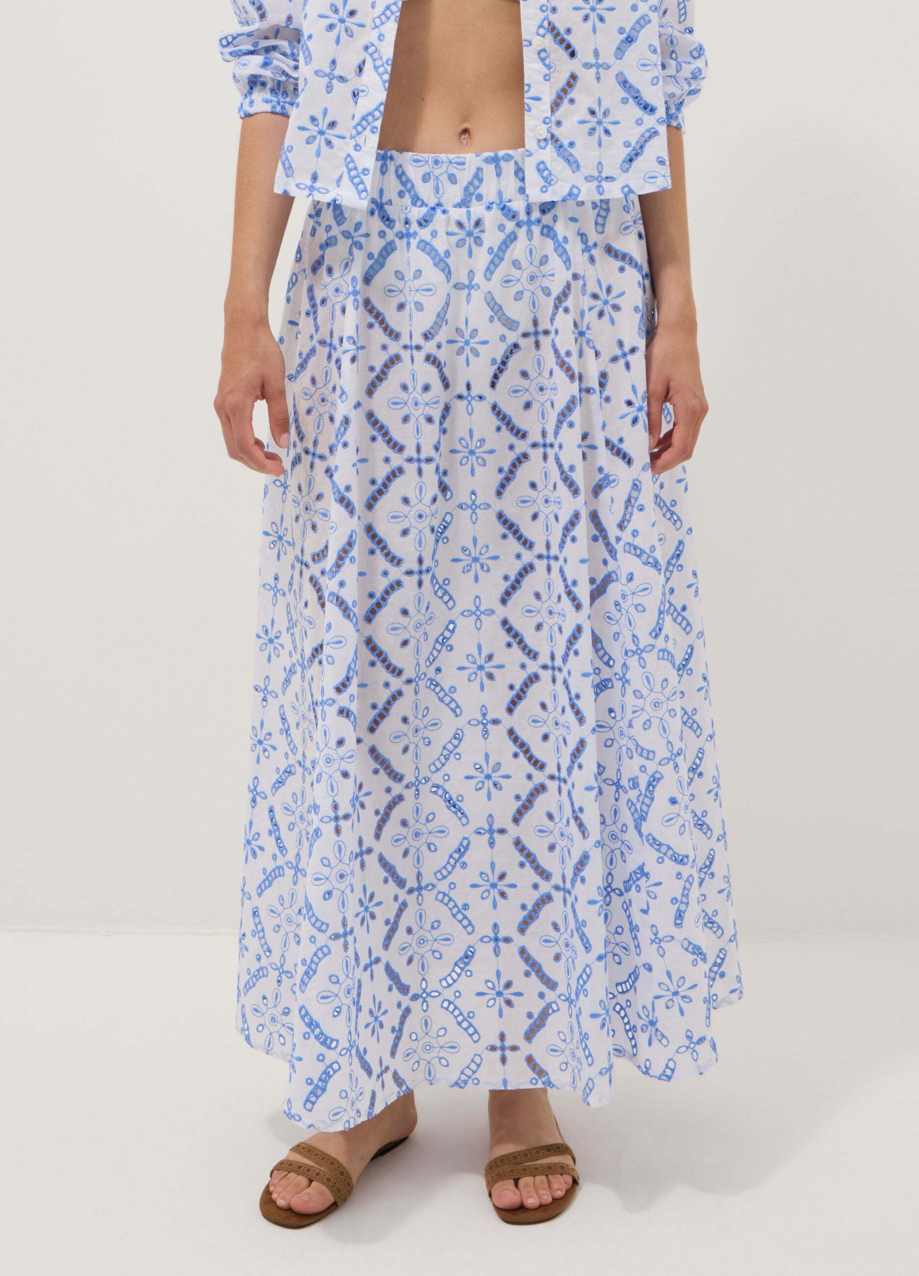Blue organic cotton skirt with broderie anglaise embroidery