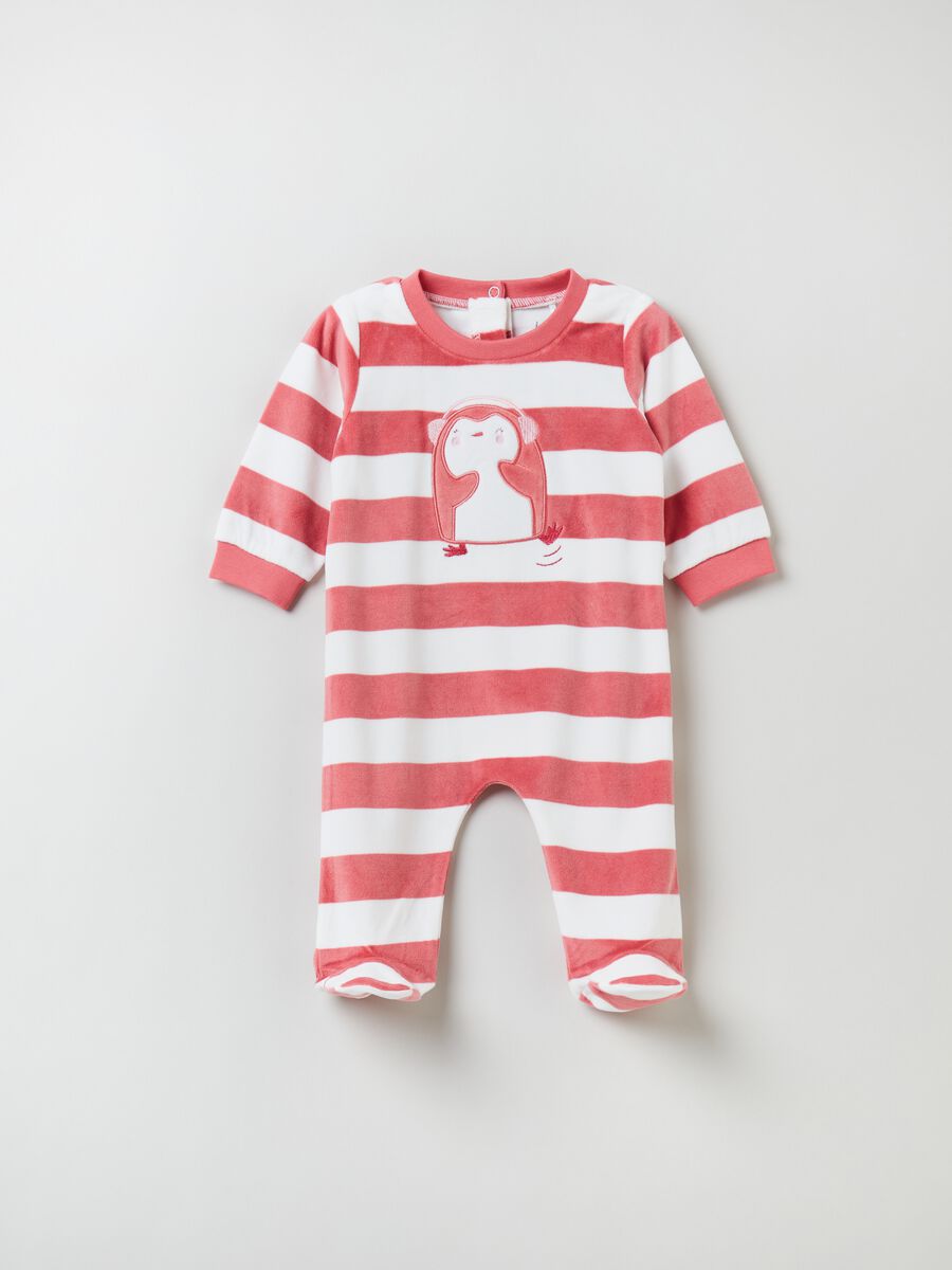 Tutina in velour a righe con ricamo pinguino_0