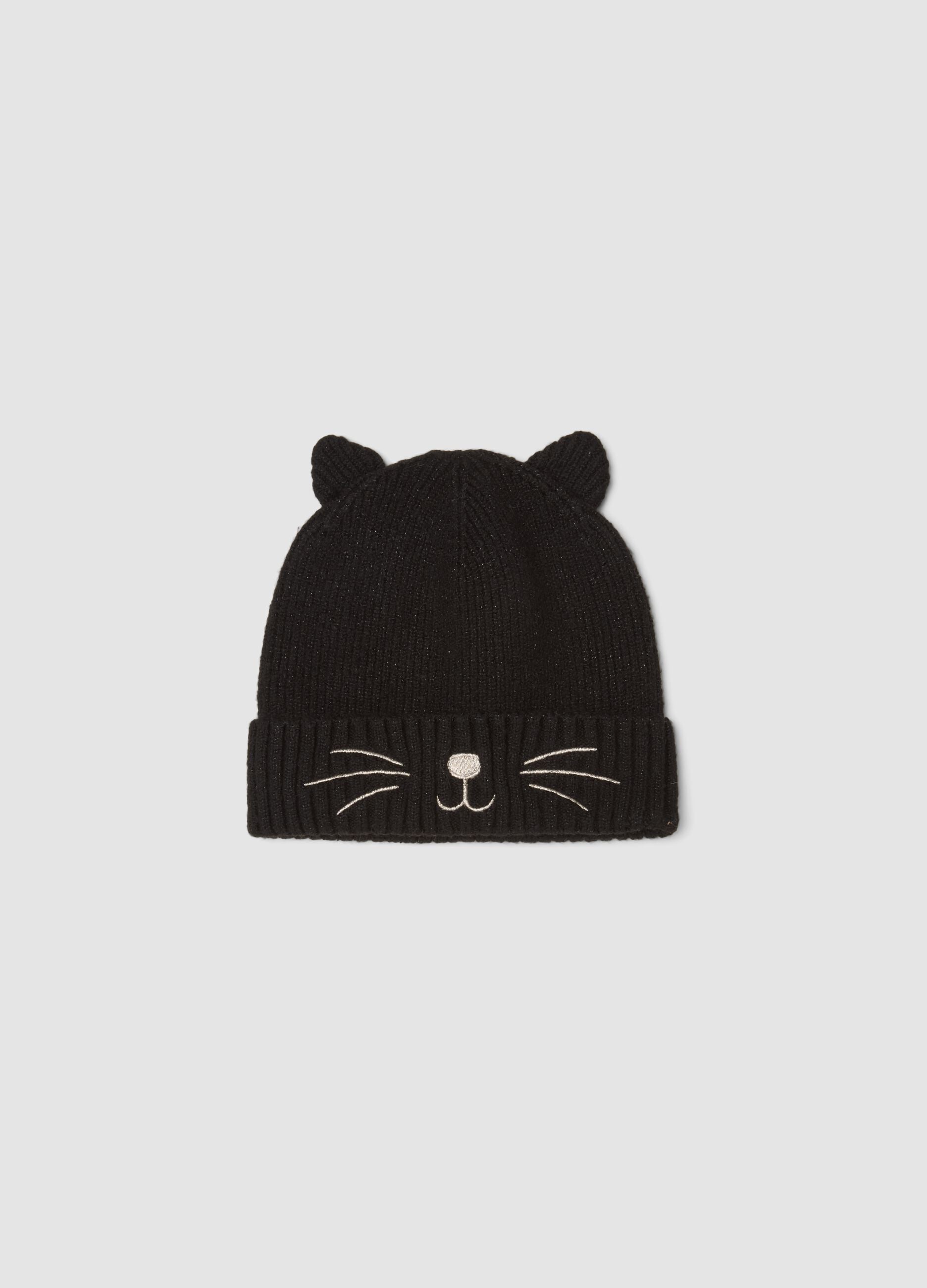 Black stretch fabric beanie with ears