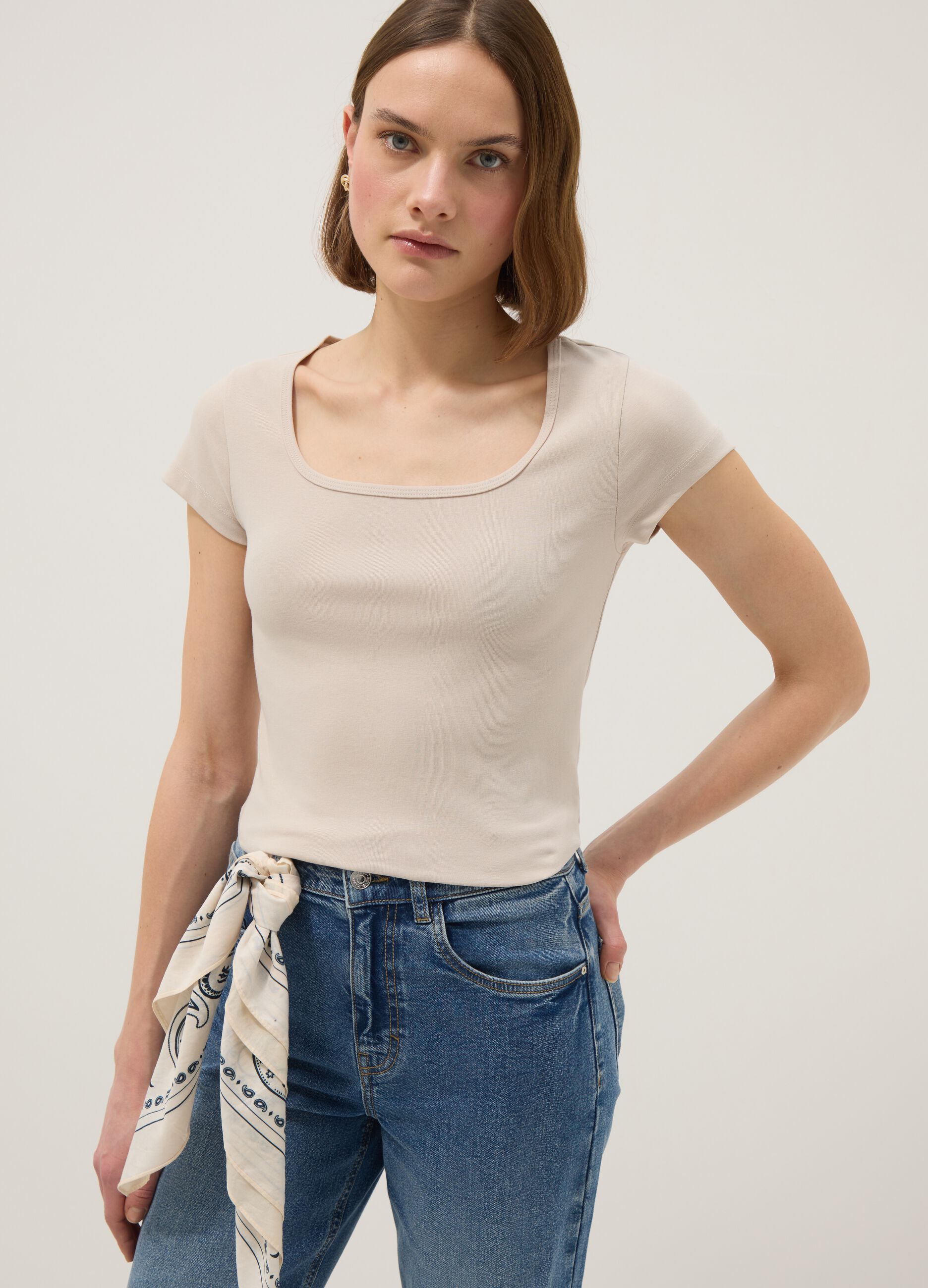 Beige fitted stretch-cotton T-shirt with square neckline
