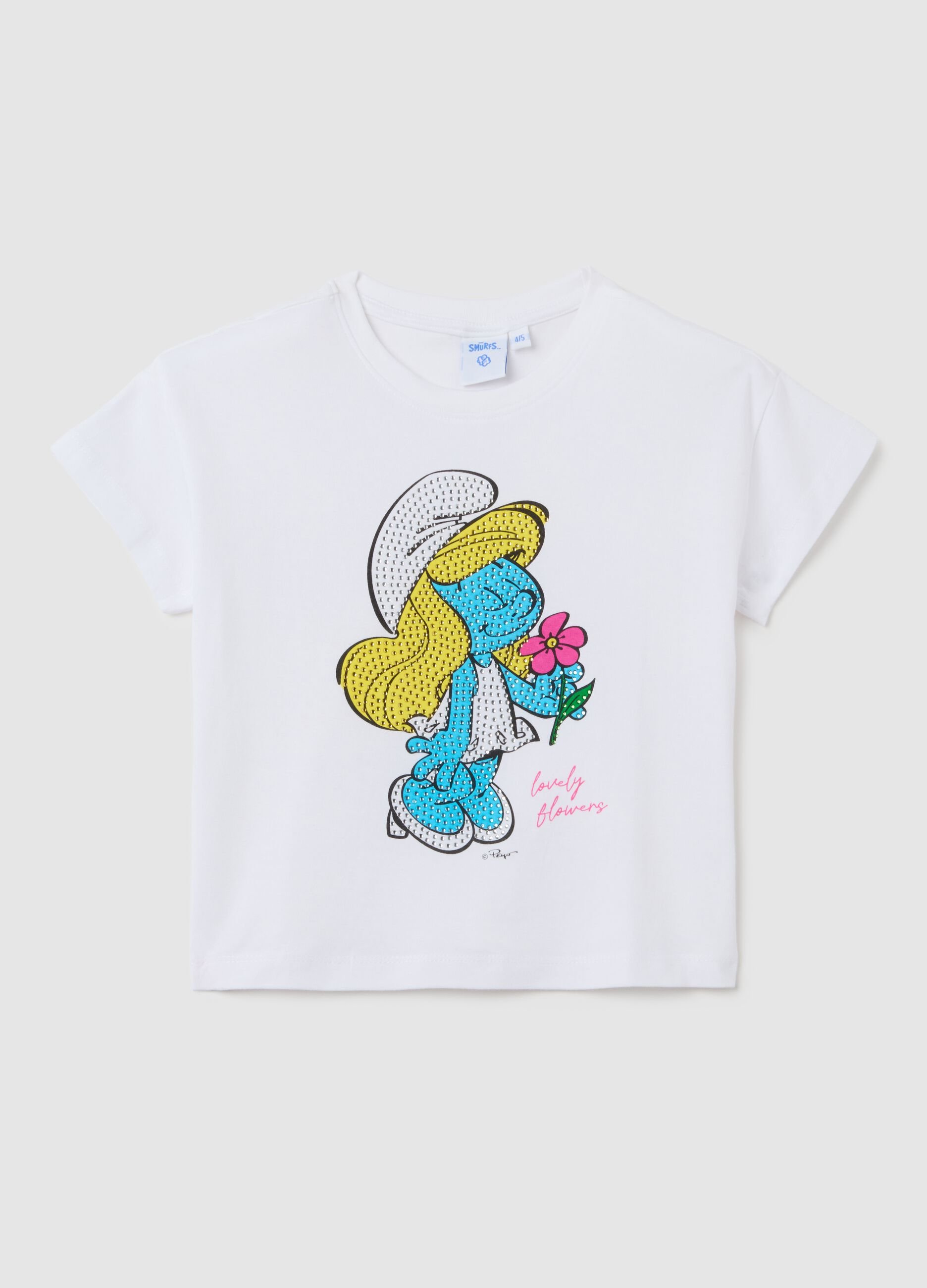 Girls' white stretch cotton T-shirt regular fit with Smurfs print