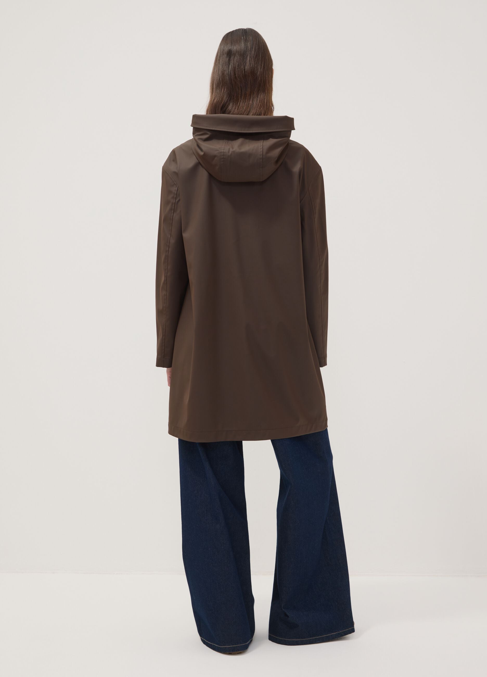 Long brown hooded zip-up jacket