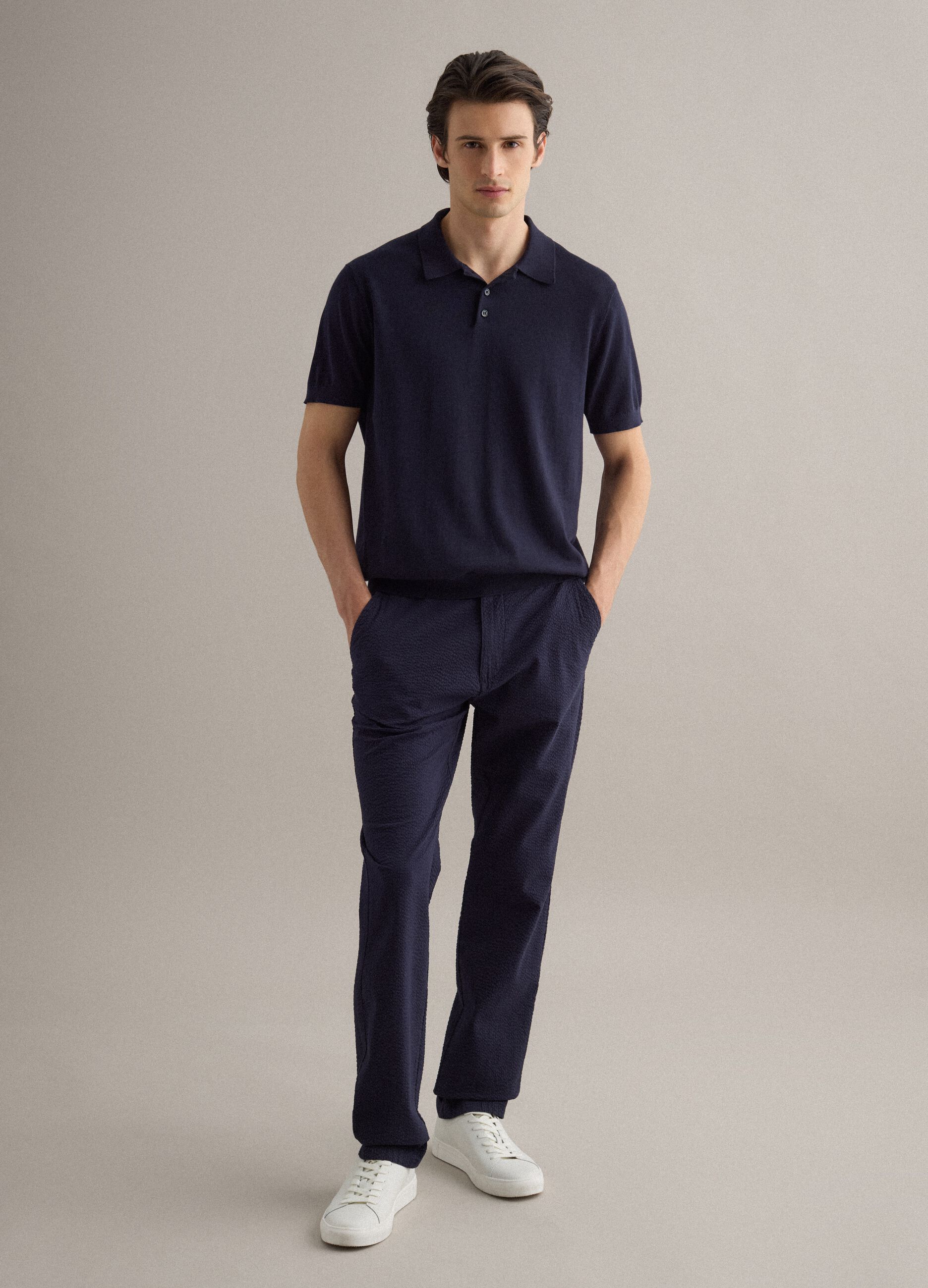 Regular fit blue polo in cotton, linen and silk blend