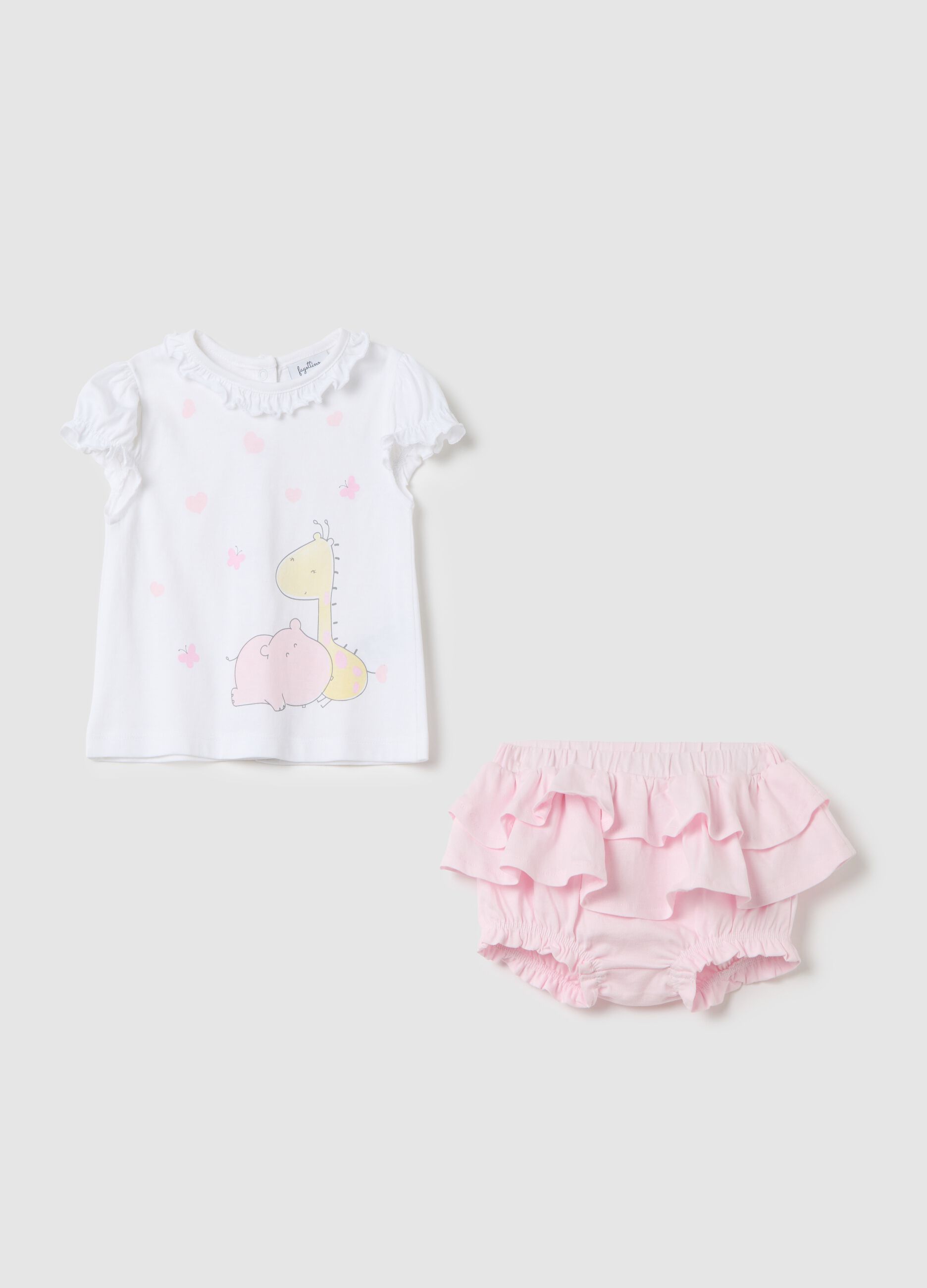 White and pink T-shirt and culottes set in cotton