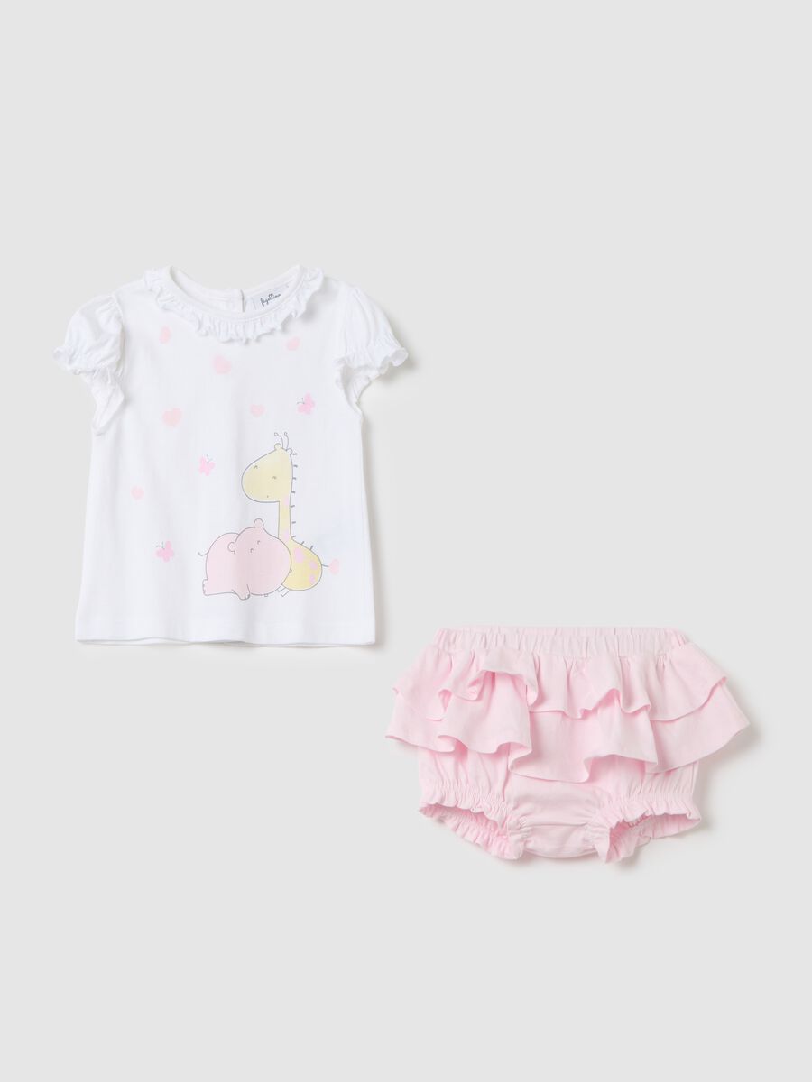 White and pink T-shirt and culottes set in cotton_0