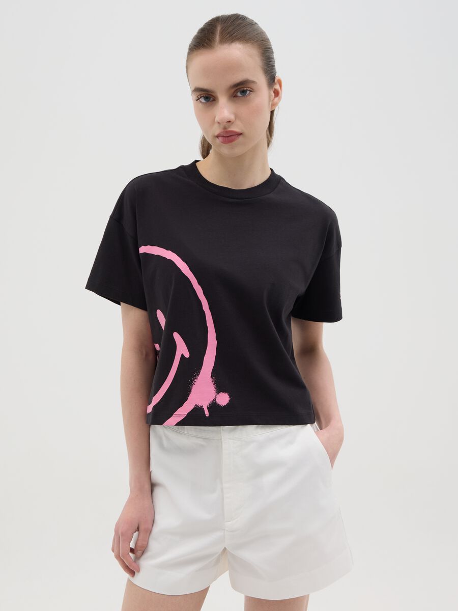 Black T-shirt with pink smile in OVS cotton_0