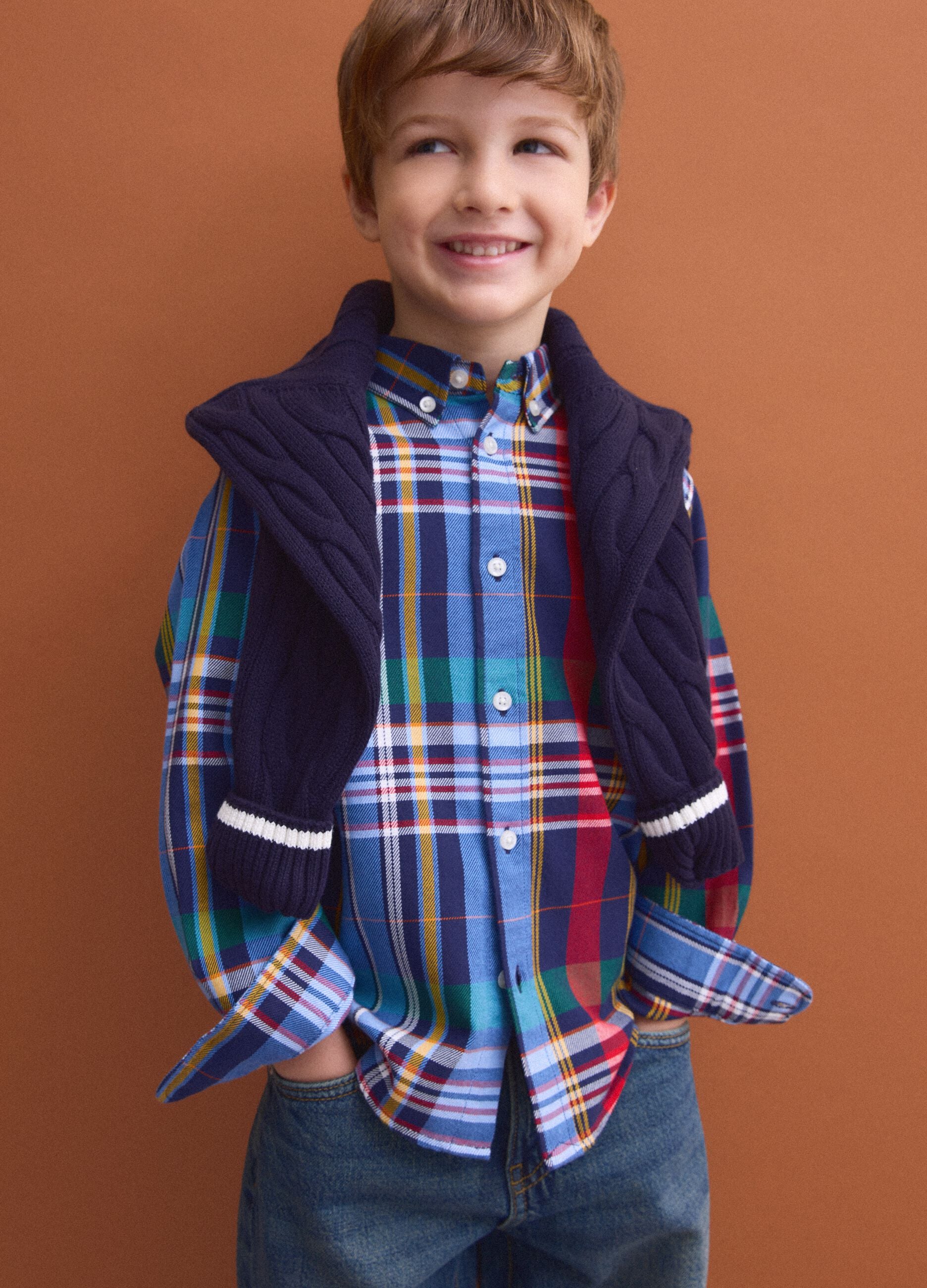 Multicolour pure cotton checked shirt with classic button-down collar