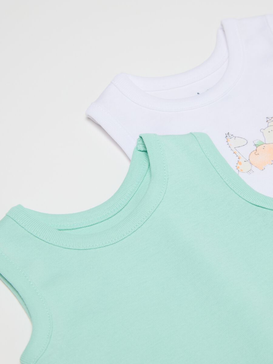 Three-pack white and green sleeveless bodysuits in organic cotton with print_2