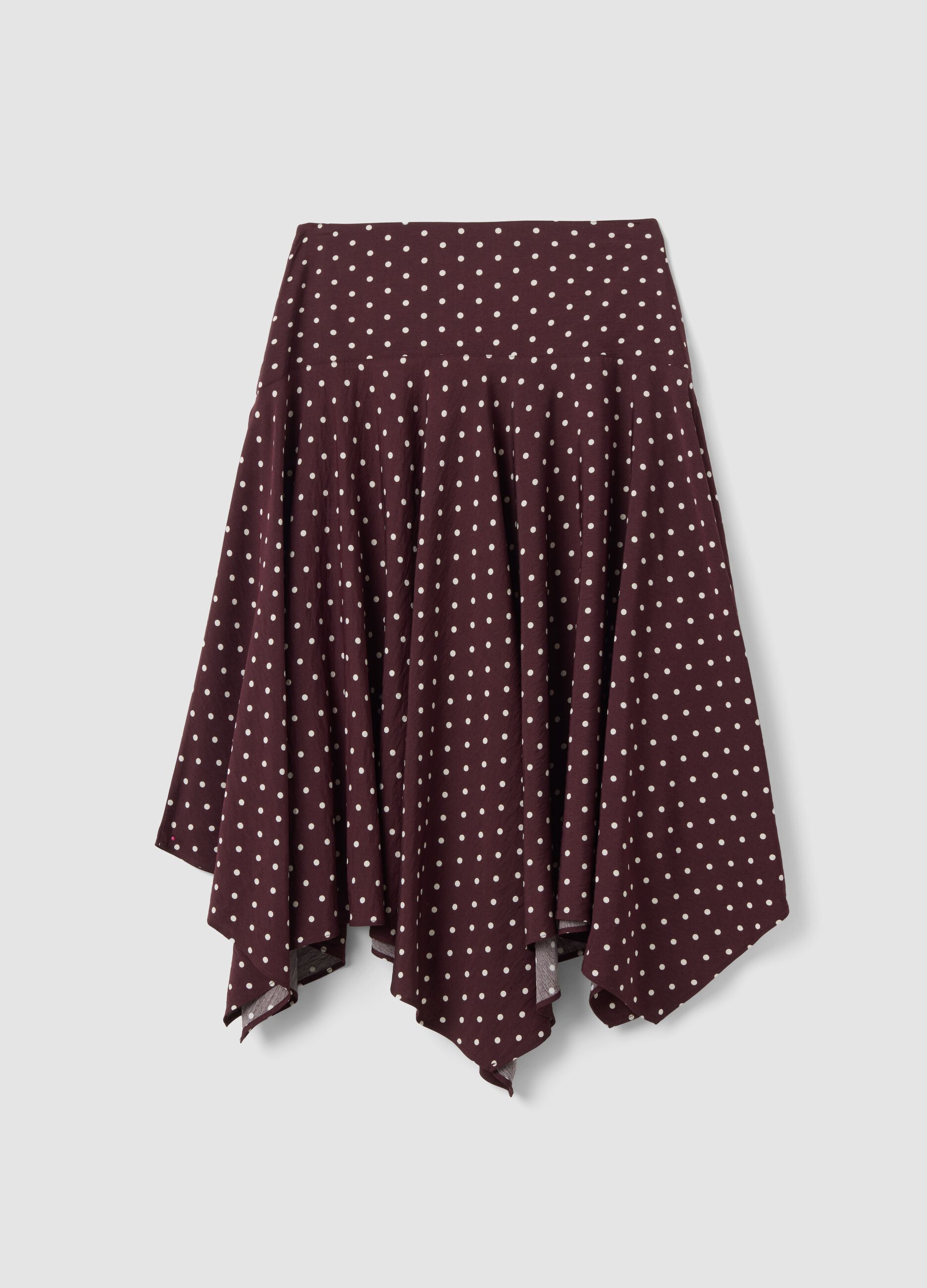 Brown polka-dot skirt in a viscose-blend with an asymmetric hem
