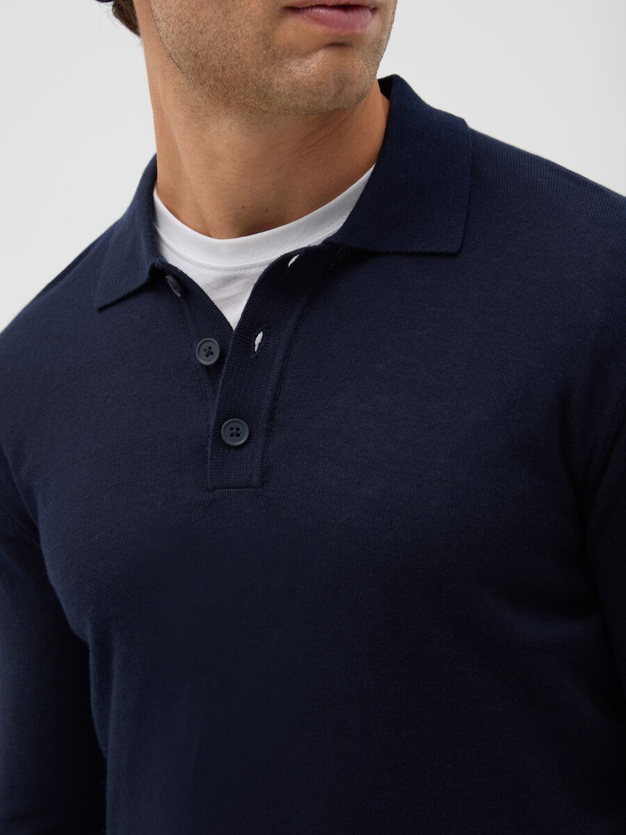 Blue long-sleeve polo in cotton and silk blend regular fit_3