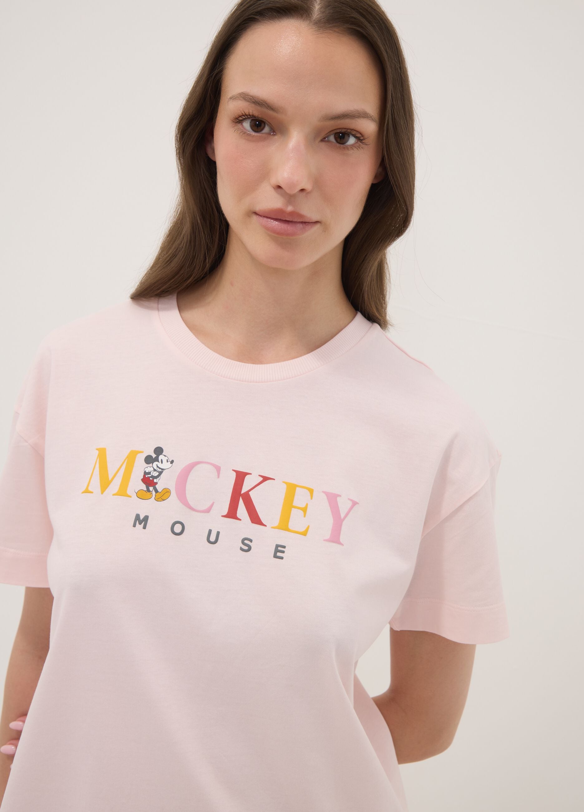 Pink organic cotton pyjama T-shirt with Mickey Mouse slogan