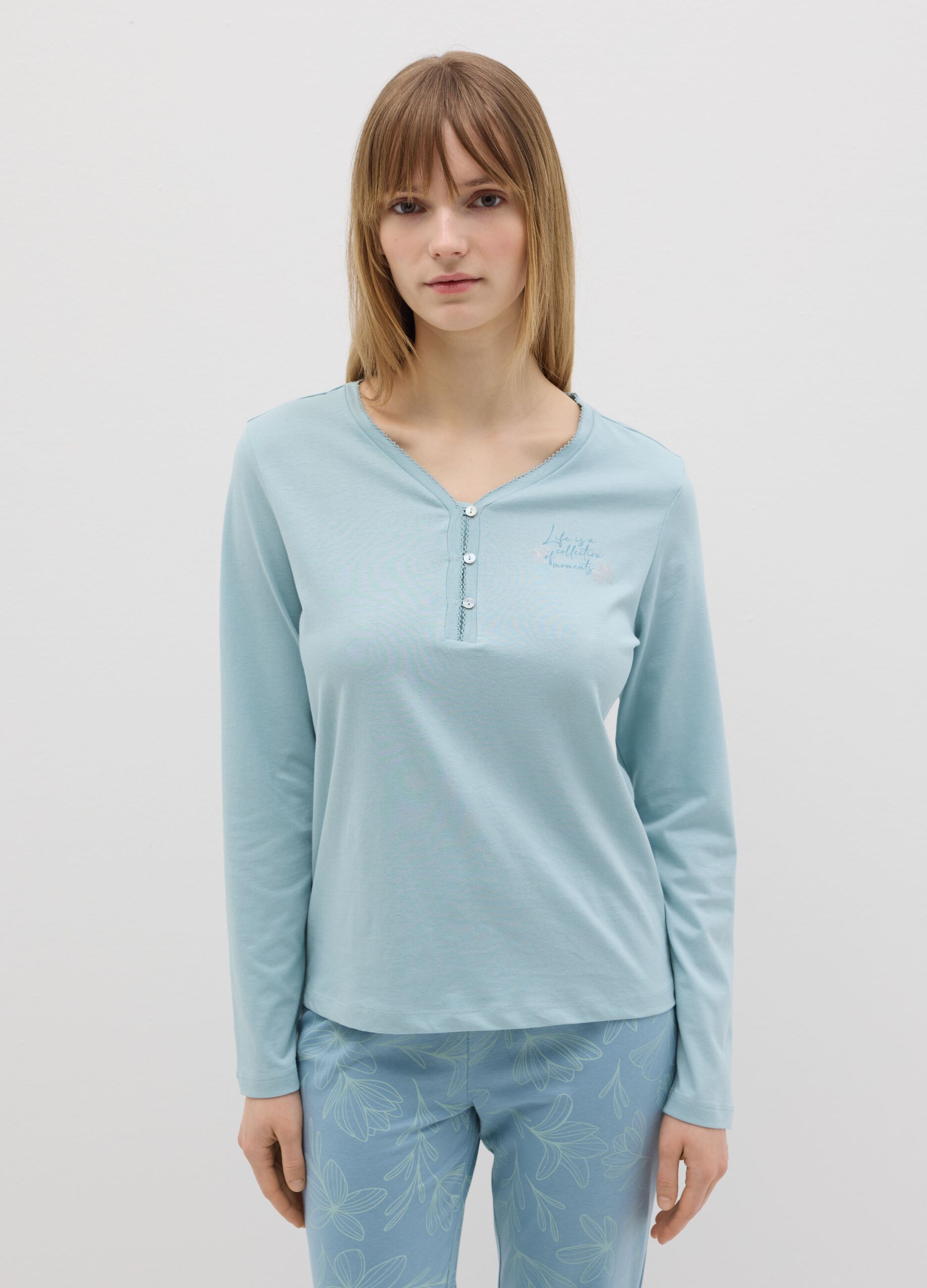 Light blue cotton pyjamas with granddad neckline and print