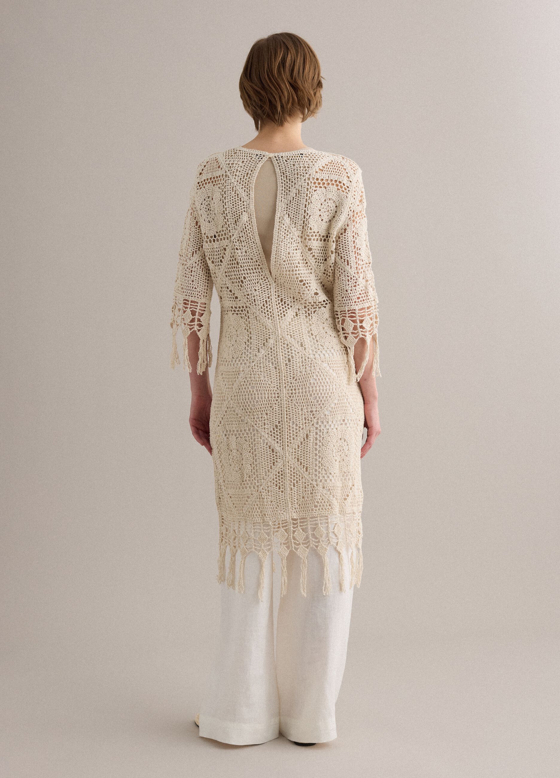 Beige crochet dress in cotton-viscose blend, regular fit
