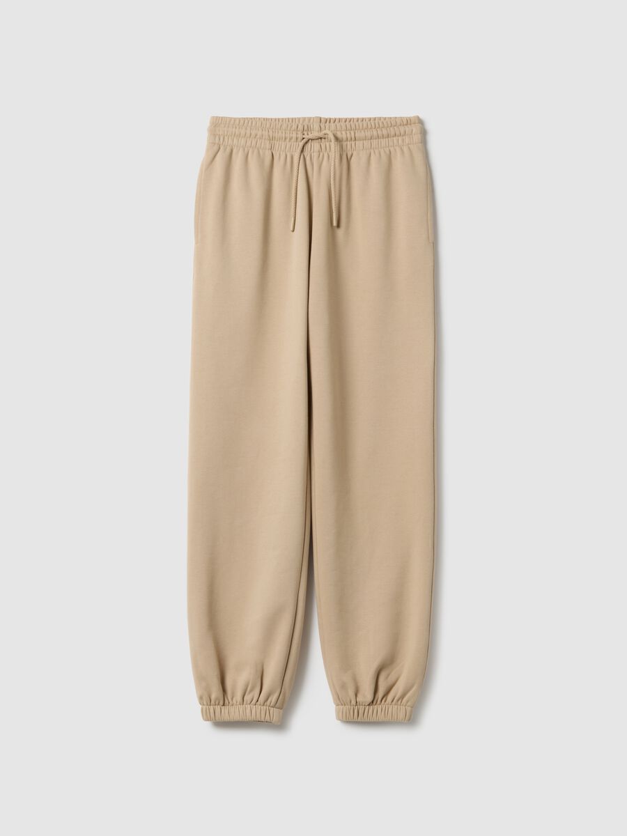 Beige cotton blend regular fit jogger trousers_4