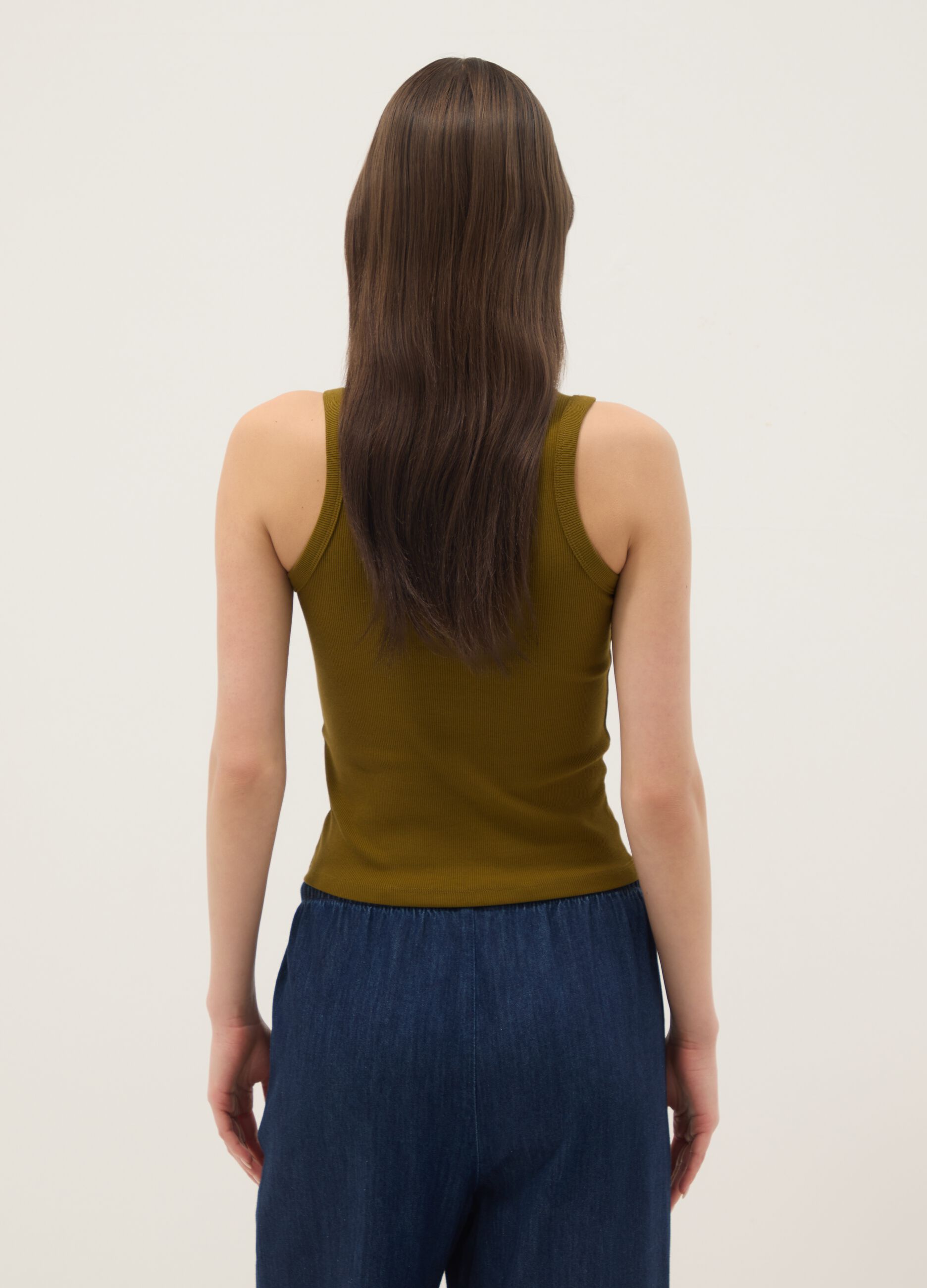 Green fitted ribbed stretch cotton tank top