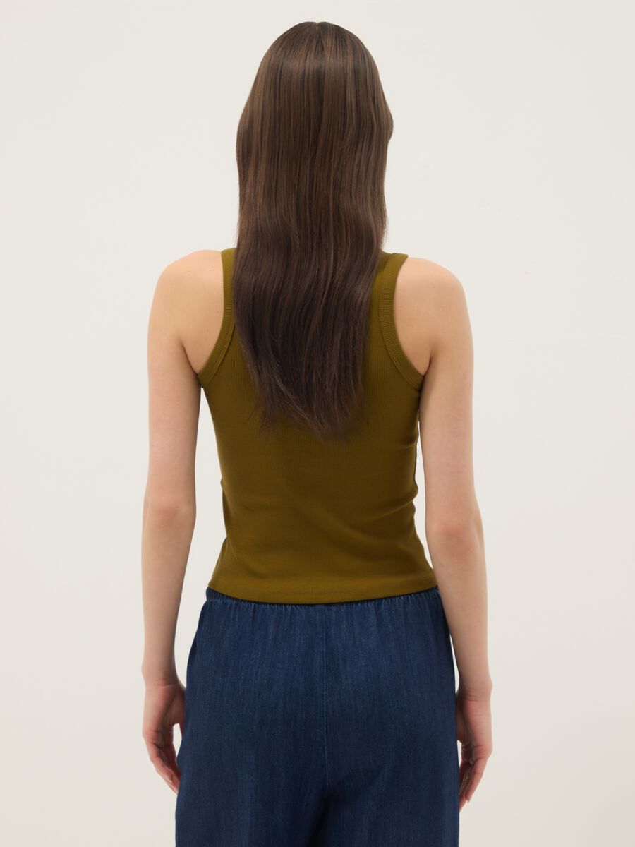 Tank top fitted verde in cotone elasticizzato a costine_3