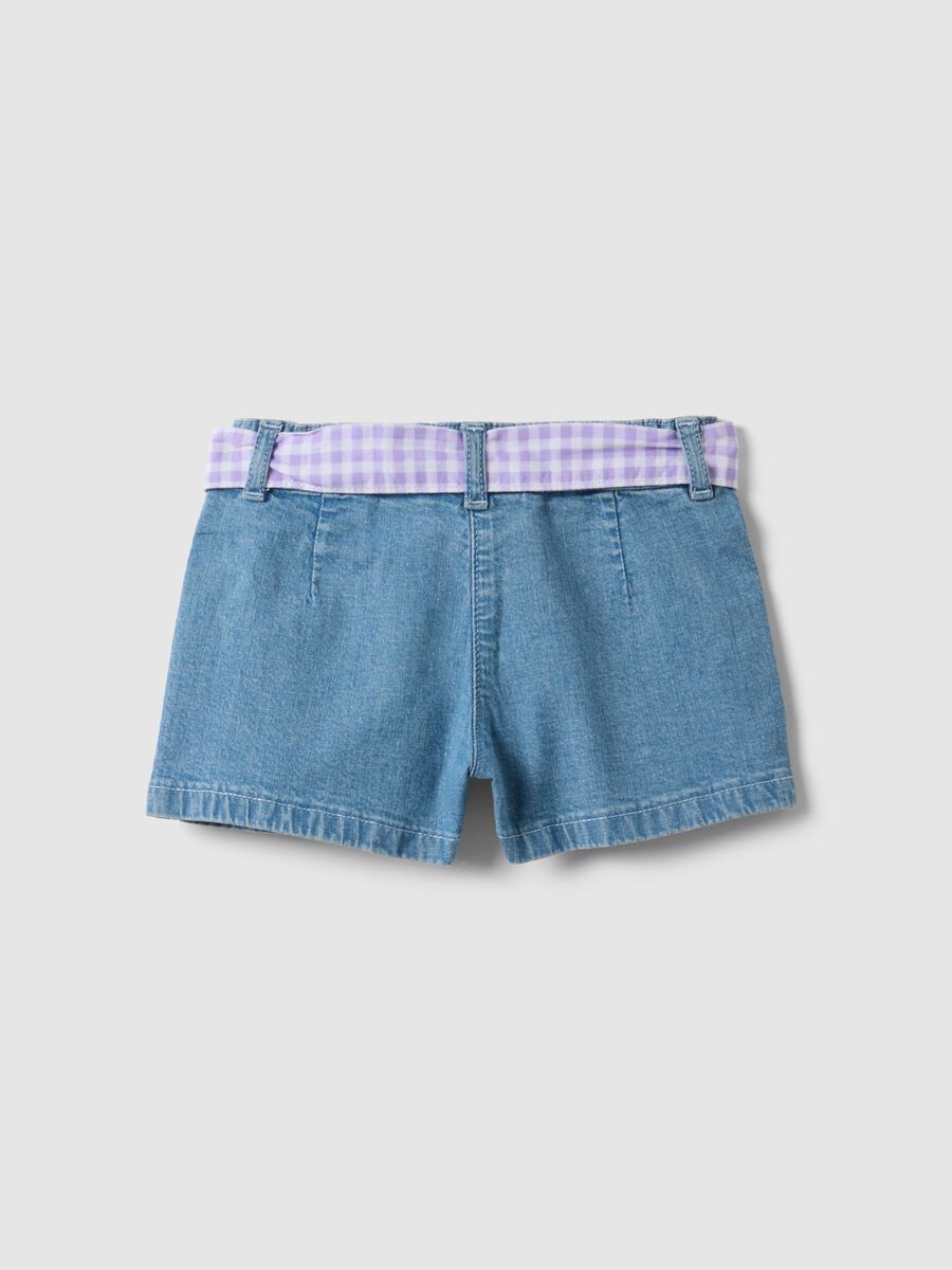 Shorts denim blu in cotone elasticizzato da bimba con cintura vichy_1