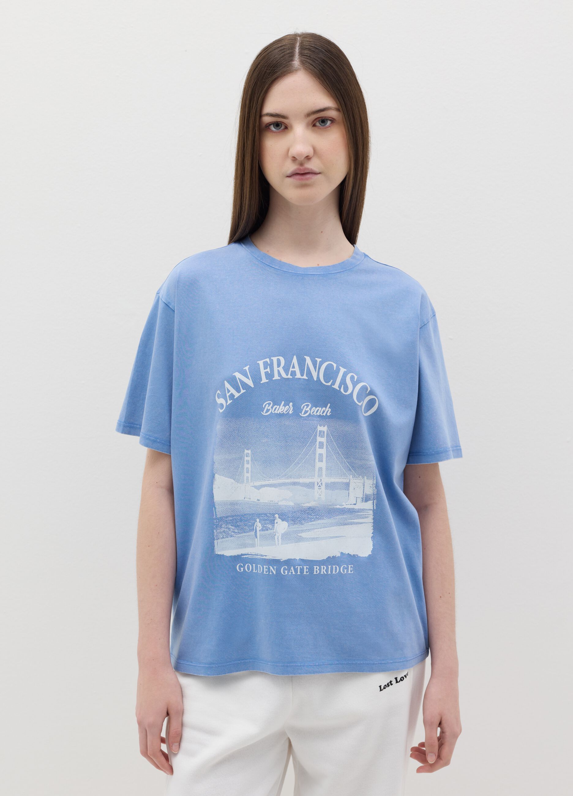 Light blue cotton T-shirt with city print