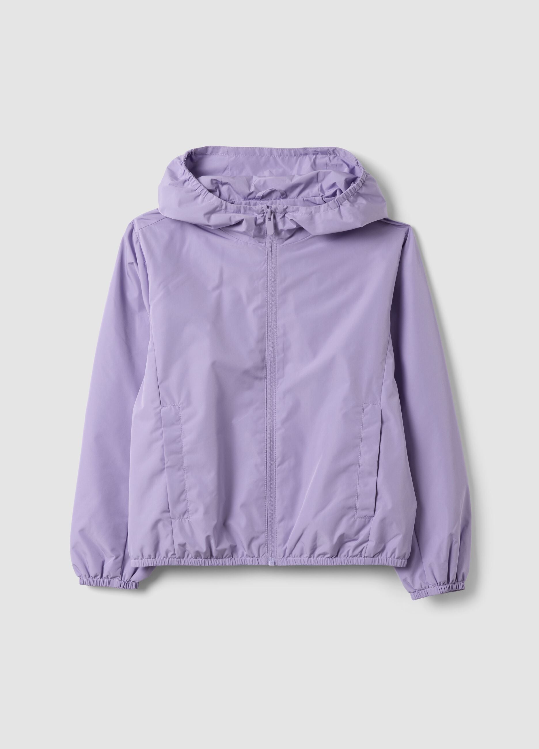 Purple hooded rain jacket with zip for girls