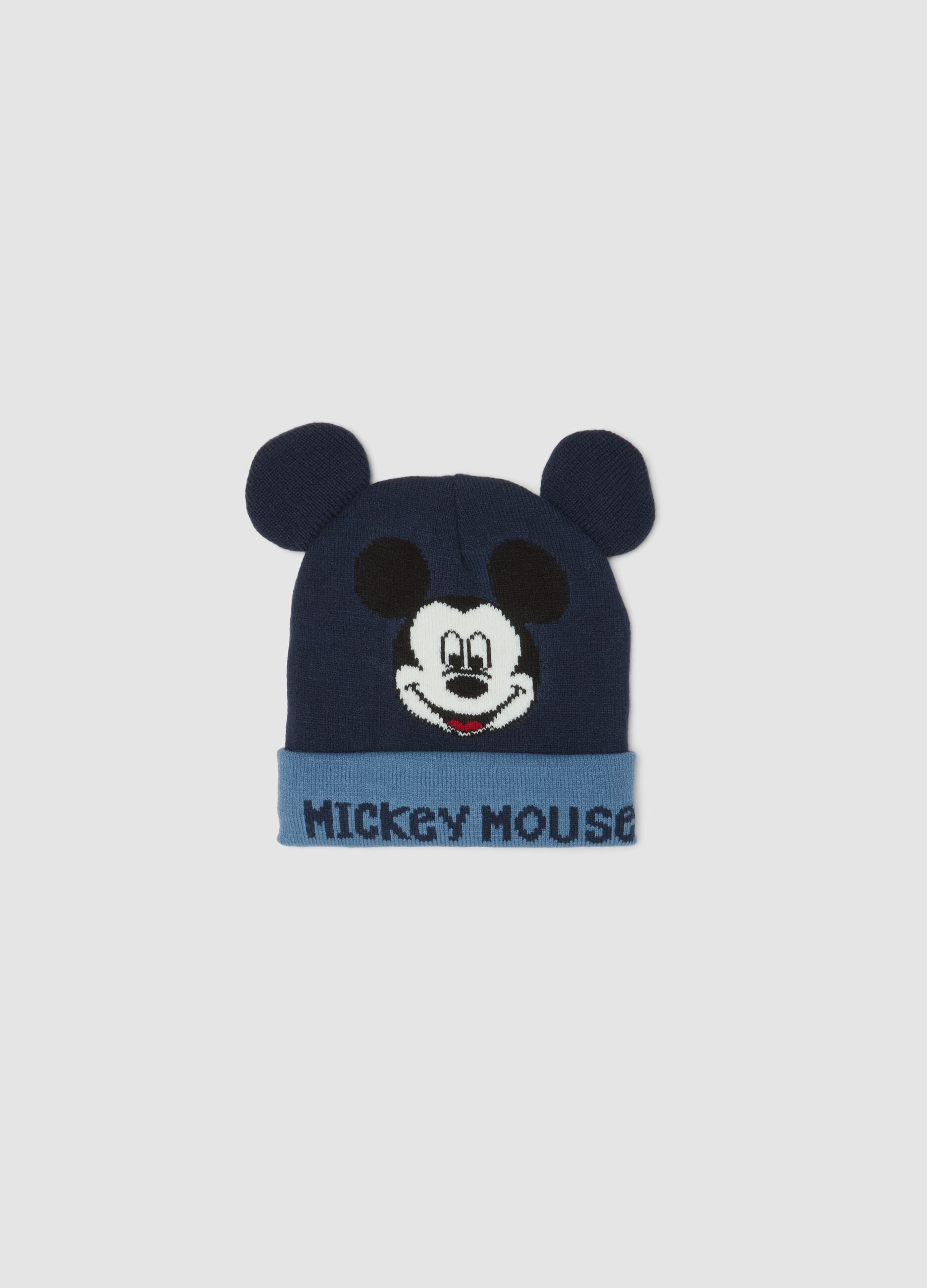 Navy blue beanie with turn-up, appliqu&eacute; ears and Mickey print