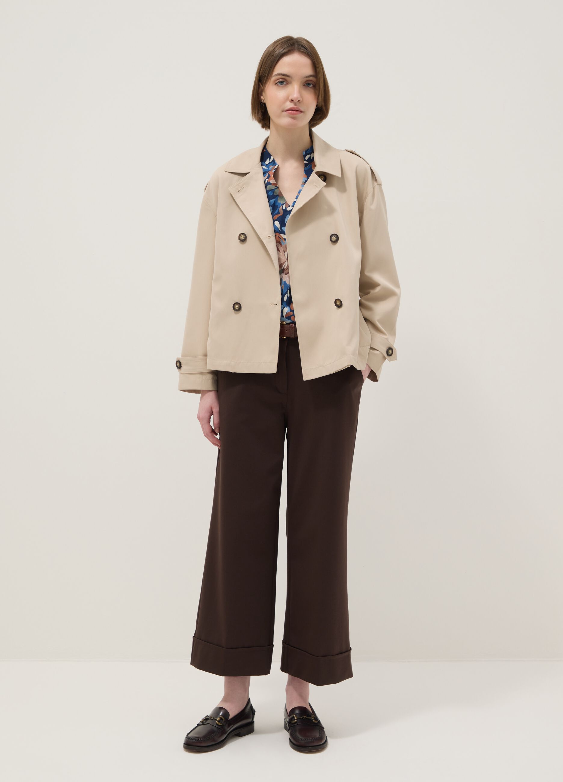 Pantaloni wide leg in misto cotone elasticizzato marroni regular fit