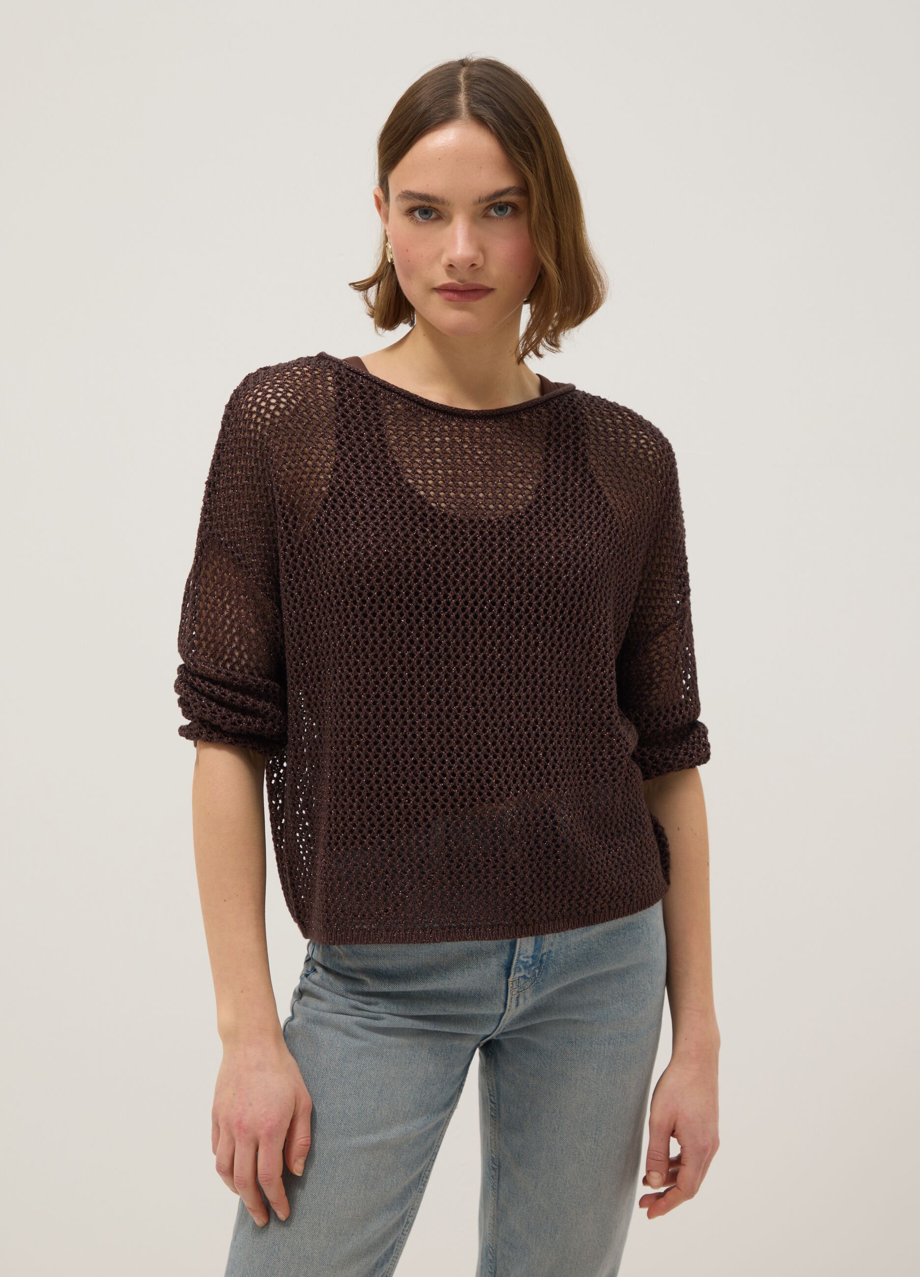 Brown regular fit viscose blend sweater with knit design