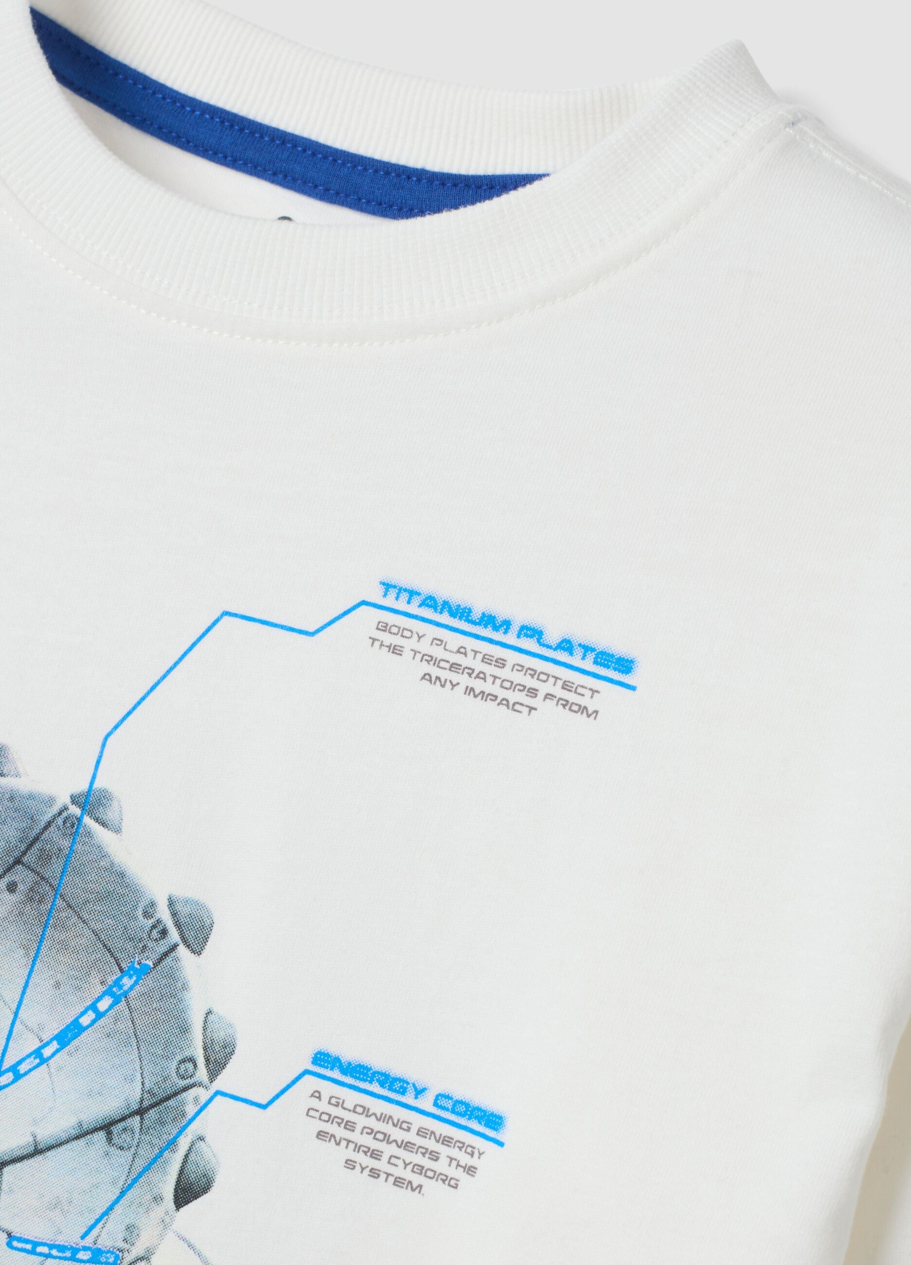 T-shirt bianca girocollo in puro cotone organico con stampa dinosauro