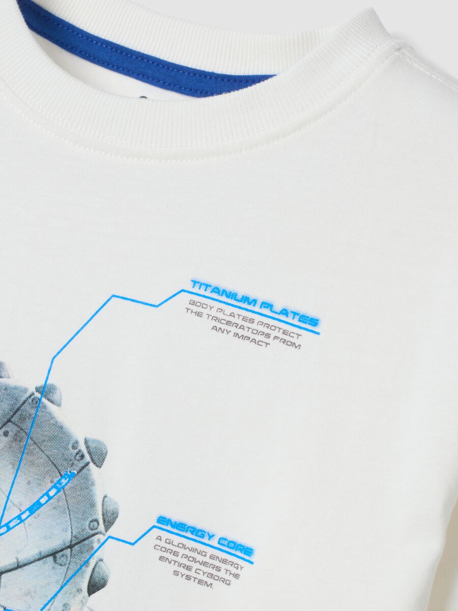 T-shirt bianca girocollo in puro cotone organico con stampa dinosauro_2
