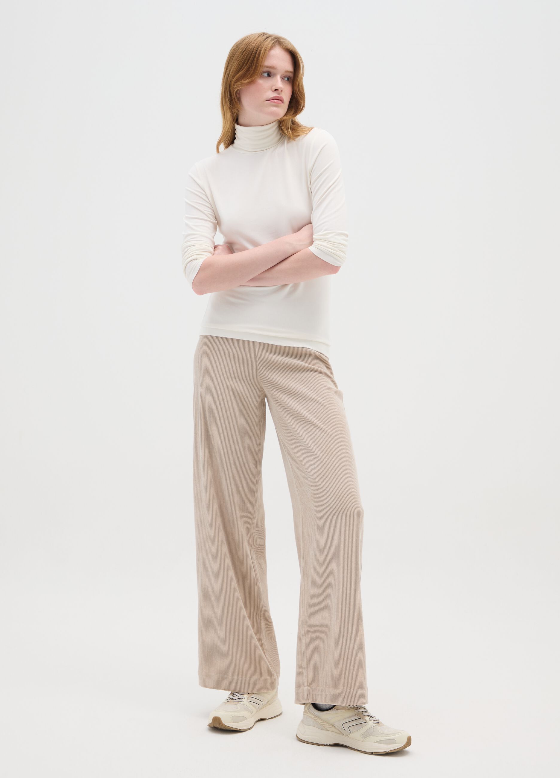 Beige Wide Leg Velvet Trousers