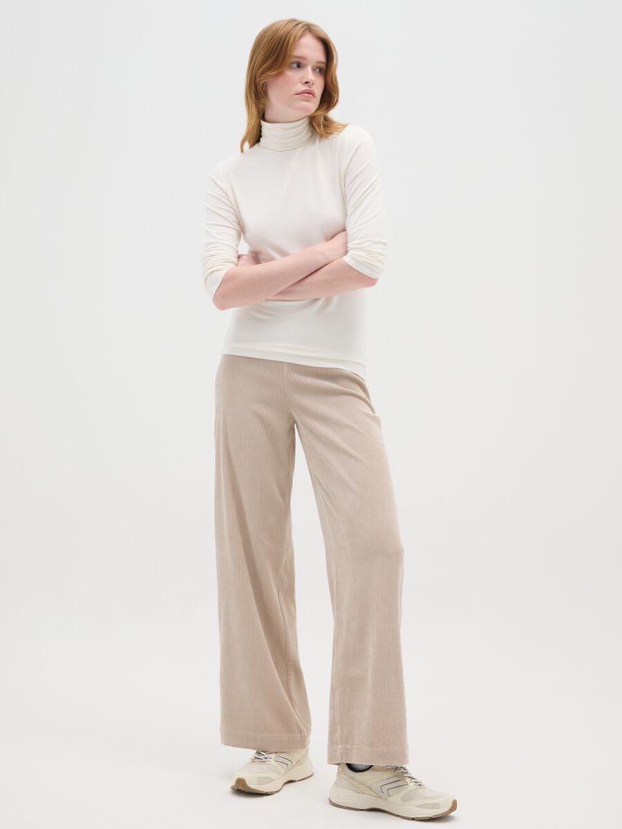 Beige Wide Leg Velvet Trousers_0