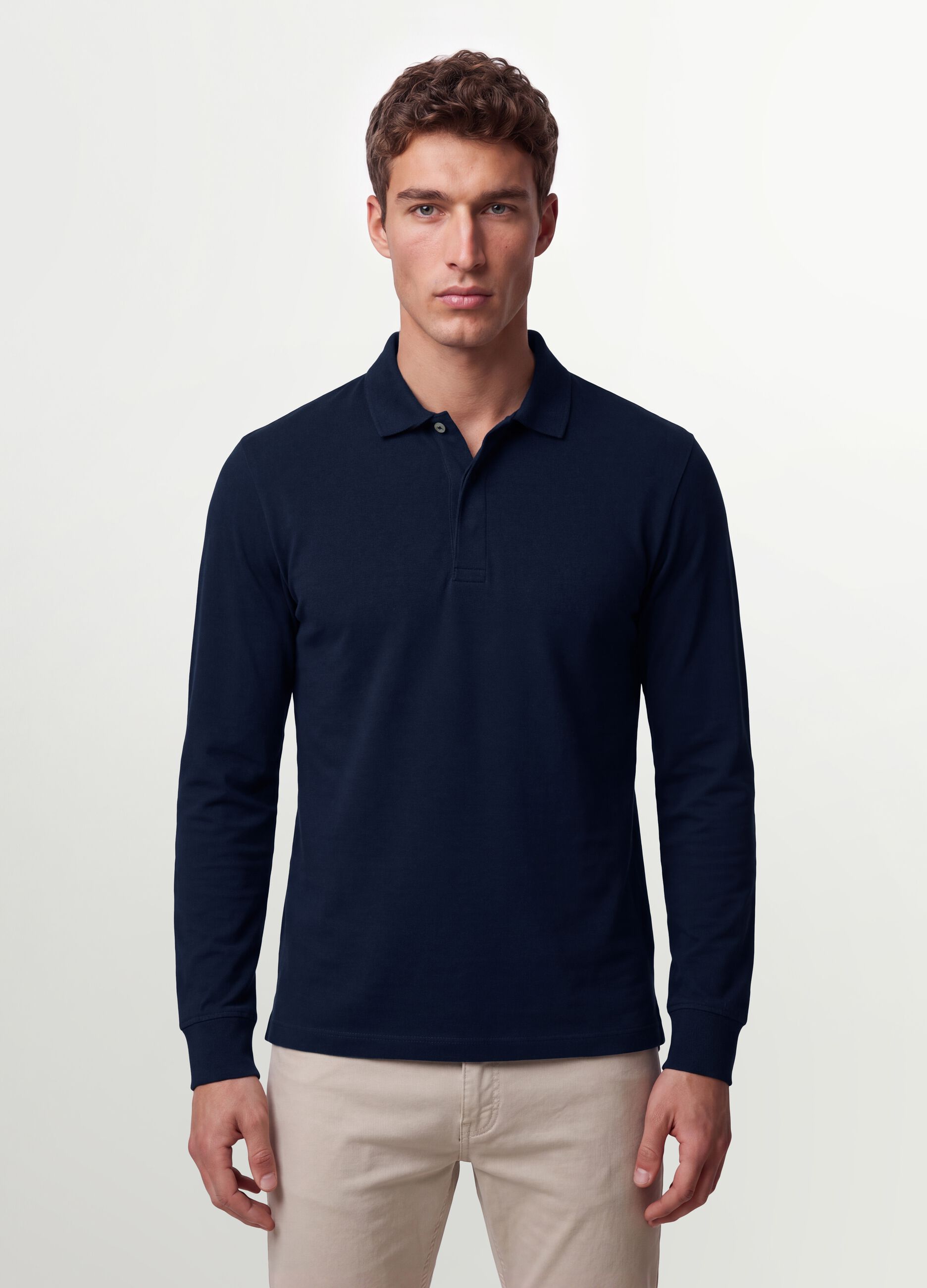 Navy stretch-cotton long-sleeve polo shirt, regular fit