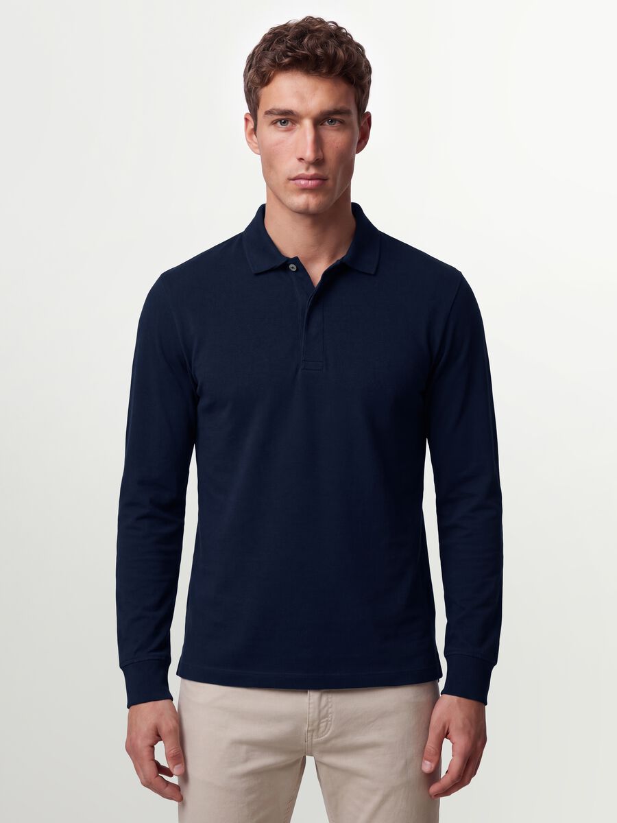 Polo blu in cotone elasticizzato a maniche lunghe regular fit_0