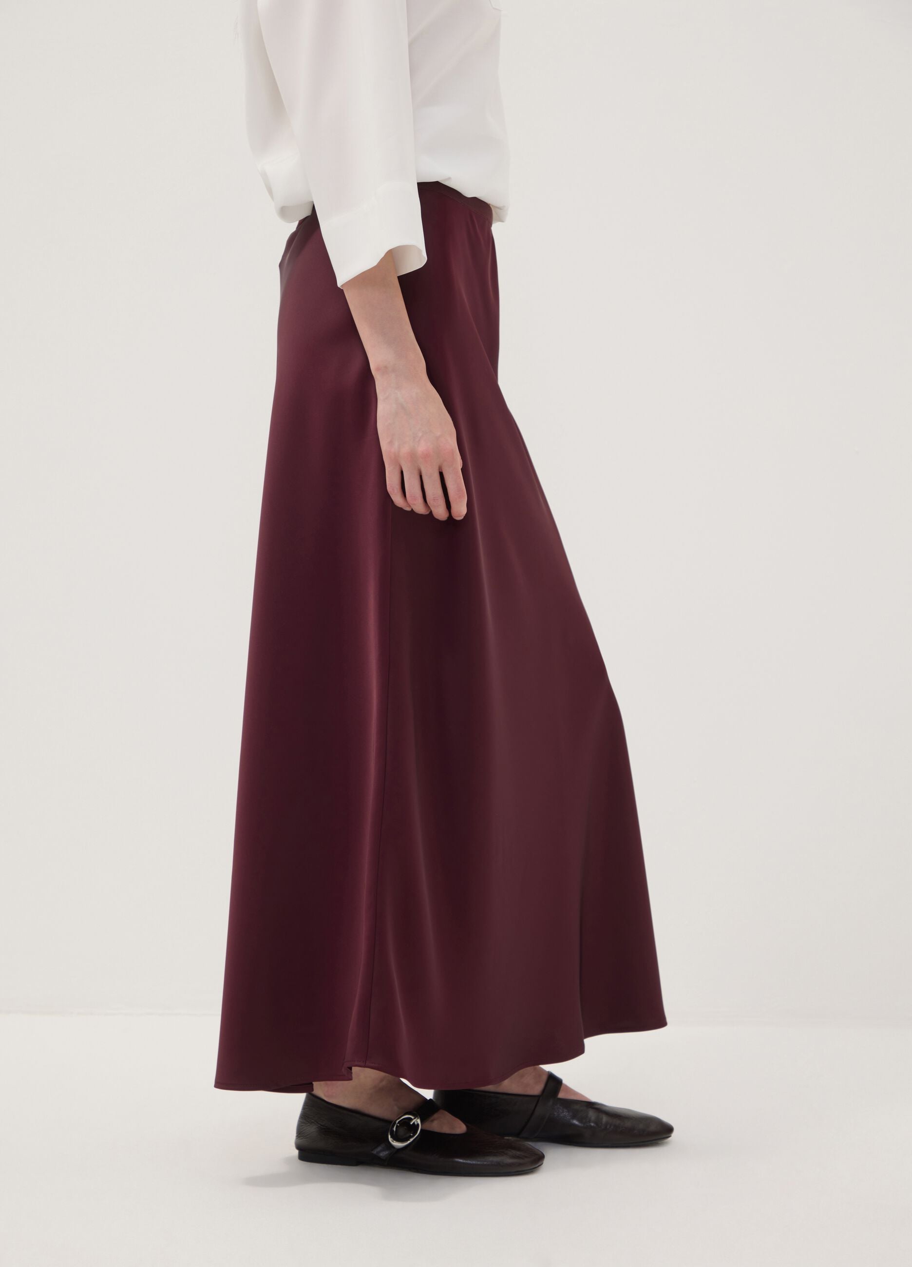 Red satin maxi skirt with elasticated waist