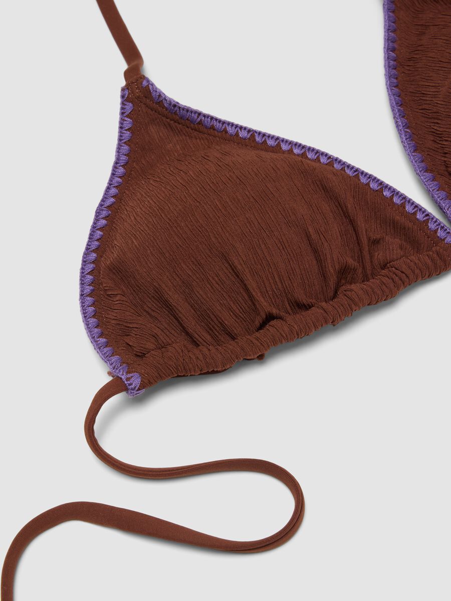 Brown triangle bikini top in stretch fabric with purple trim_5