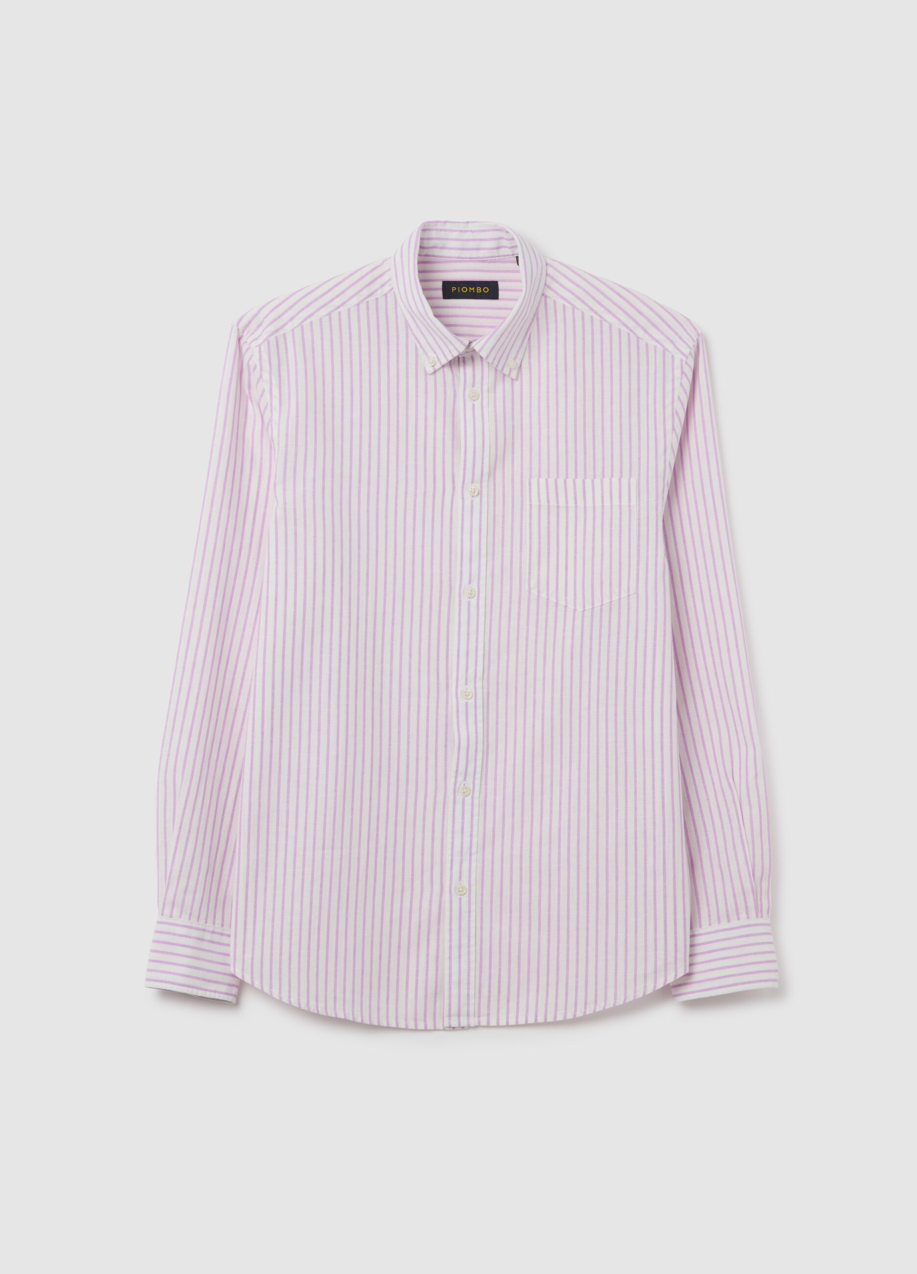 Men's pink and purple striped cotton and linen blend regular fit shirt