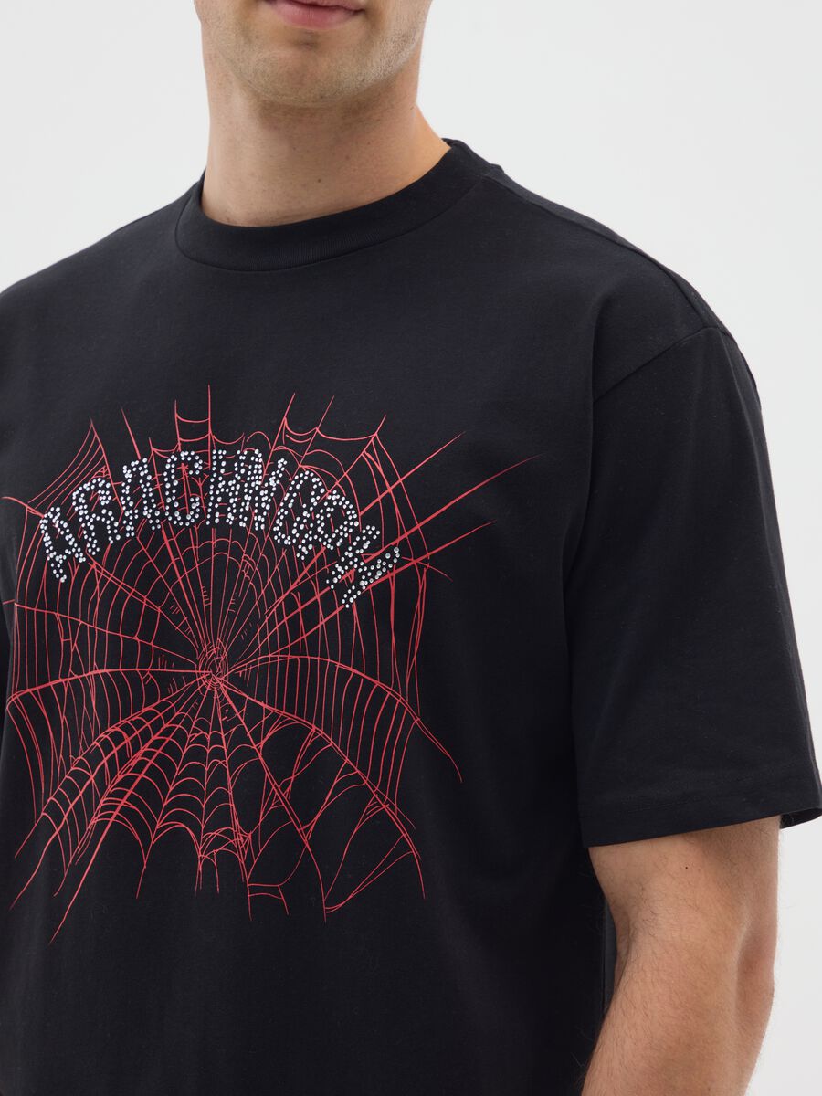 Pure black cotton t-shirt with spider print_3