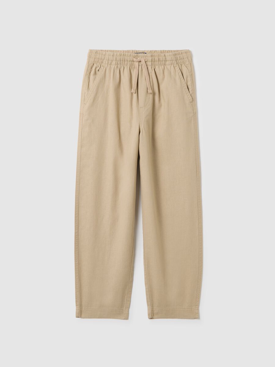 Boys' Beige Linen Regular Fit Trousers with Elastic Waist_0