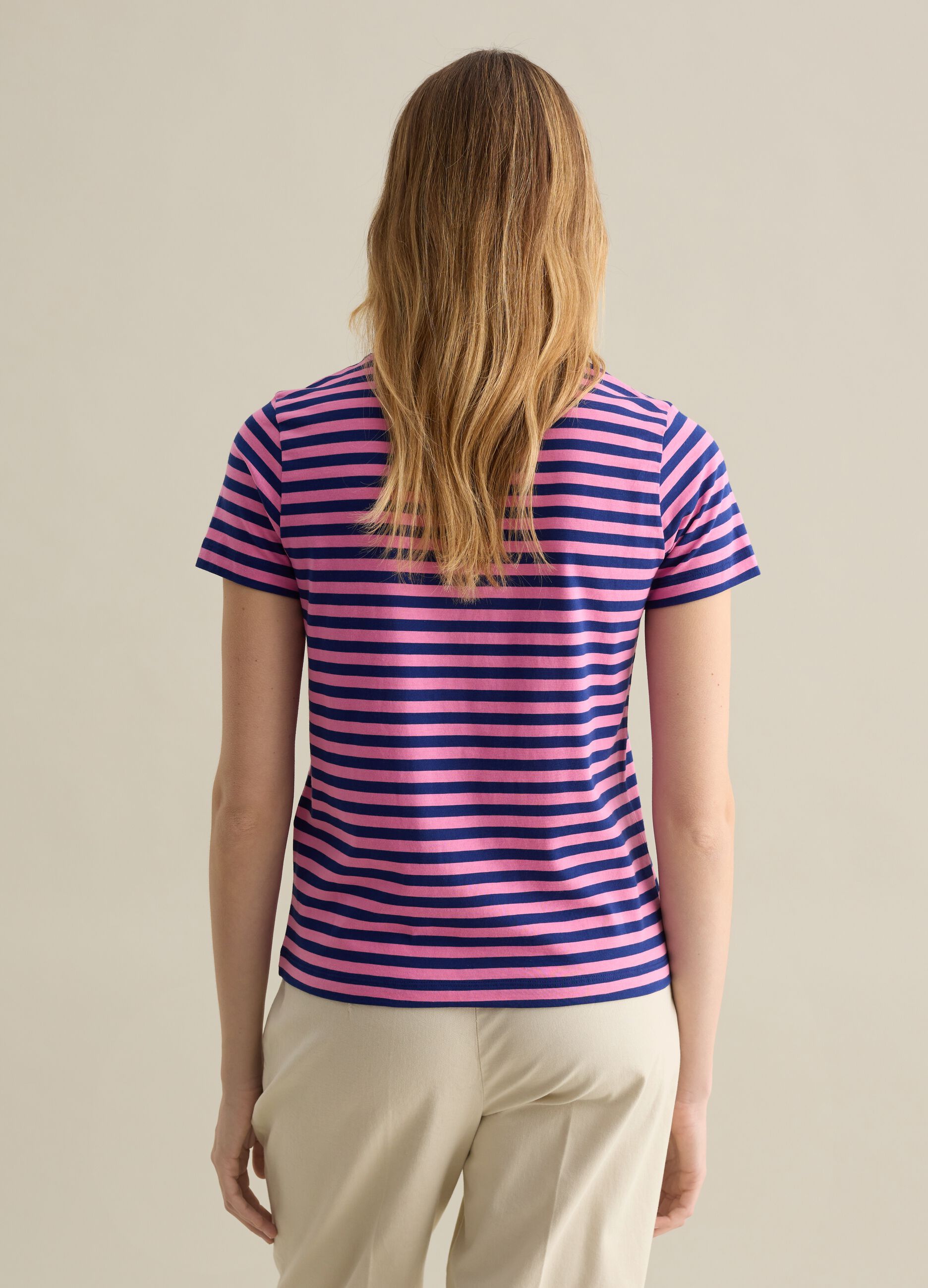 Pink and blue striped T-shirt with short sleeves