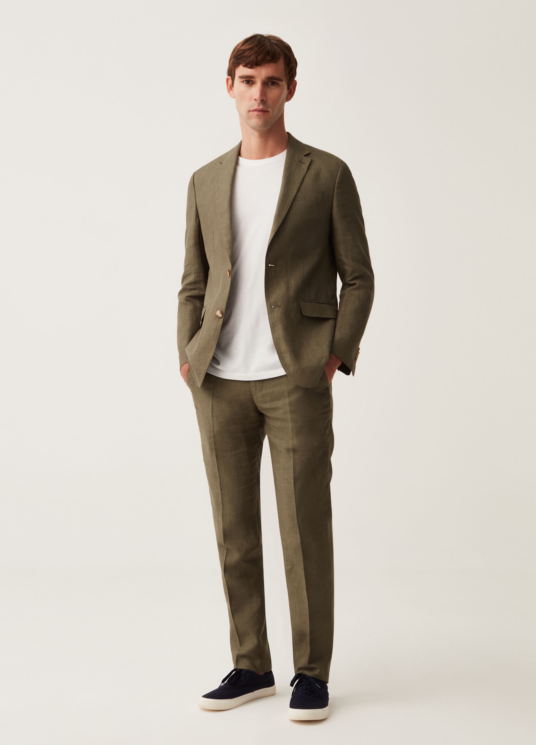 Pantalone slim fit in lino verde_0