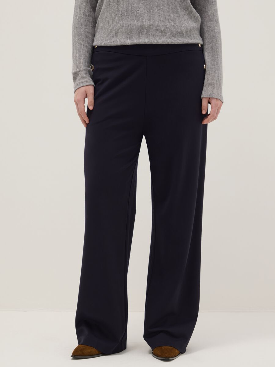 Blue Wide-Leg Trousers with Decorative Buttons_1