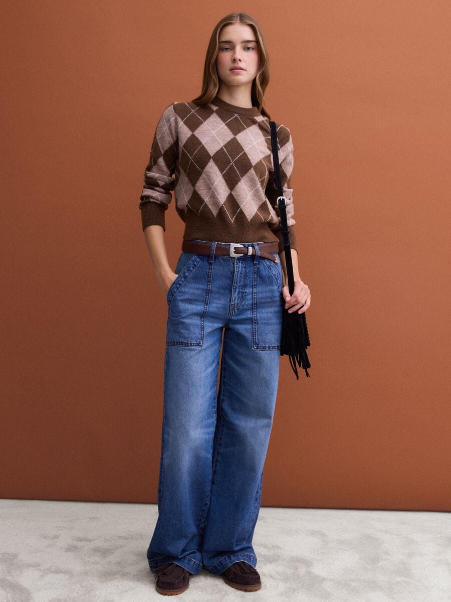 Brown diamond-pattern stretch wool crew-neck jumper_2