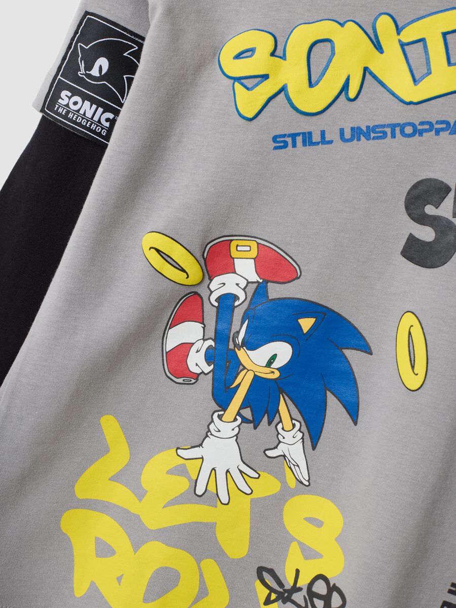 Grey pure cotton jersey T-shirt with Sonic print, oversized fit_3