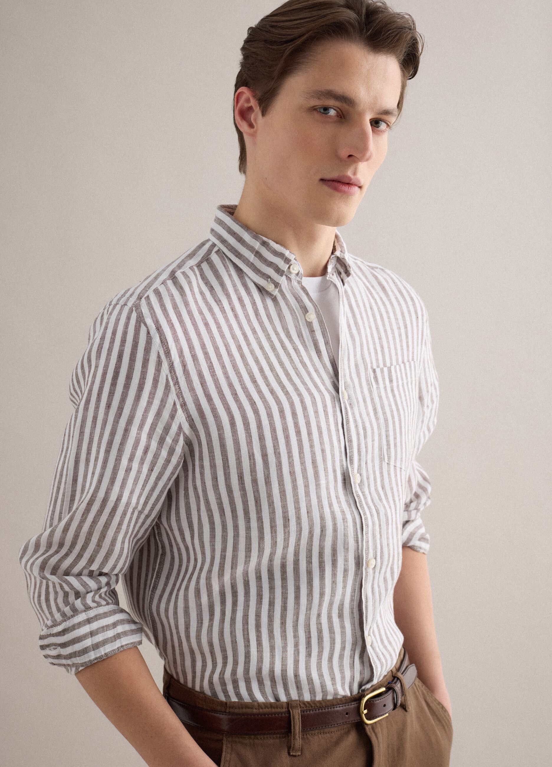 Long-sleeve pure linen multicolour striped shirt regular fit