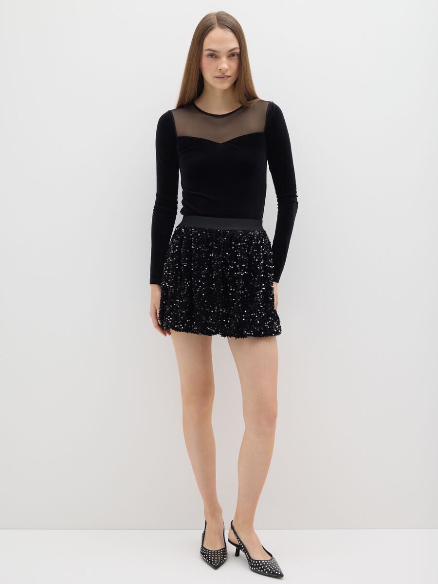 Minigonna baloon nera in misto velour regular fit con paillettes_0
