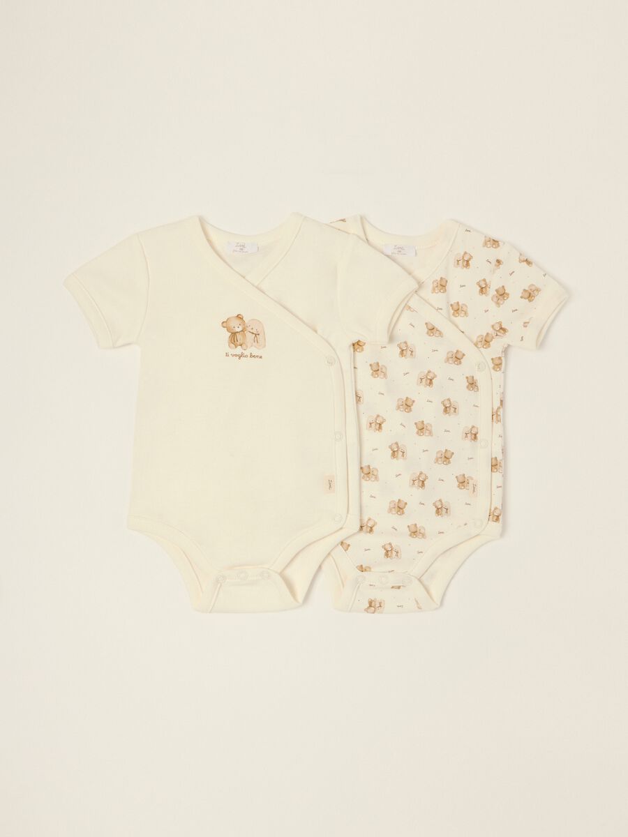 Two-pack of white pure cotton baby bodysuits with teddy bear print_0