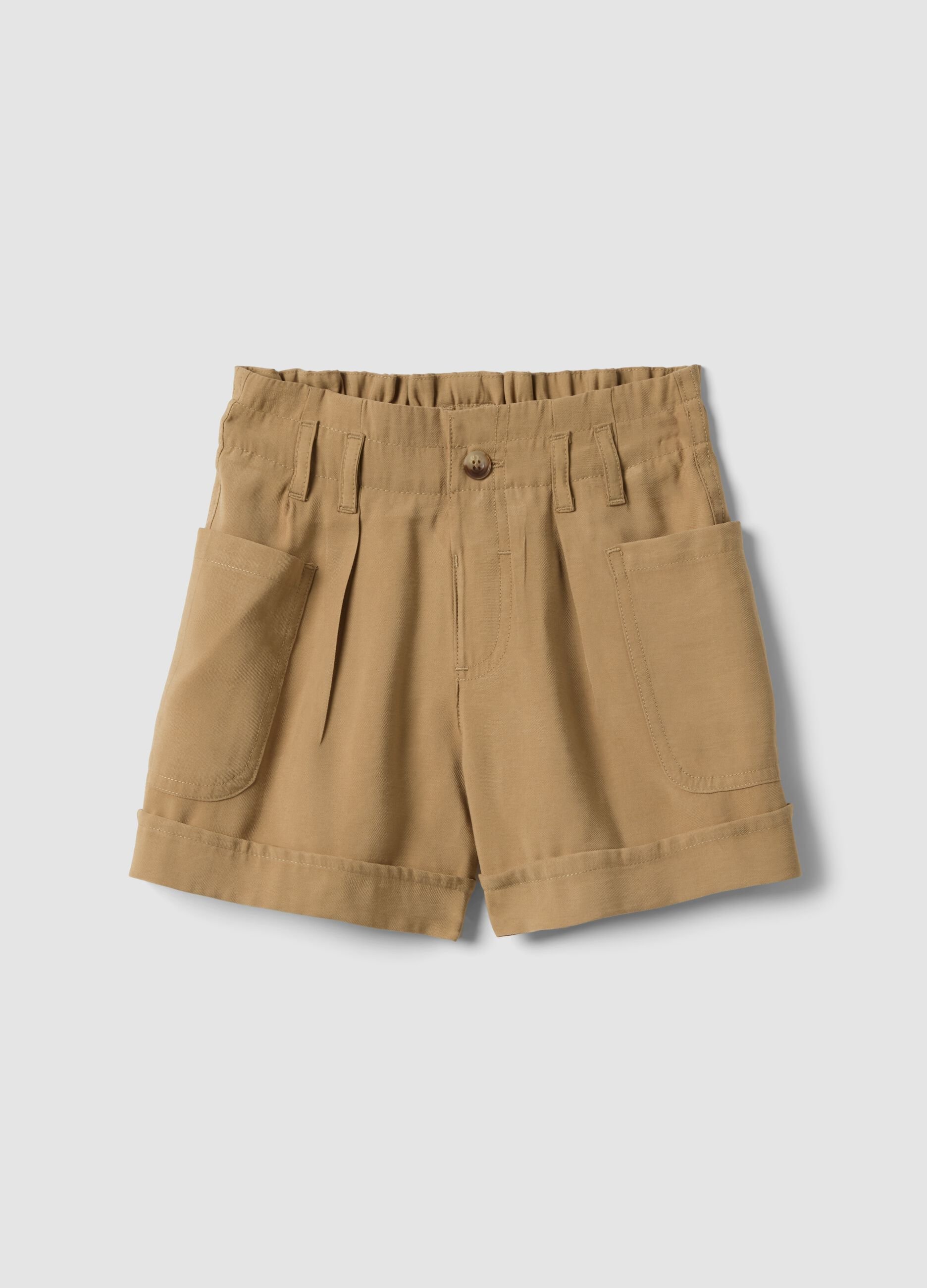 Shorts beige in misto modal con vita elasticizzata paper bag